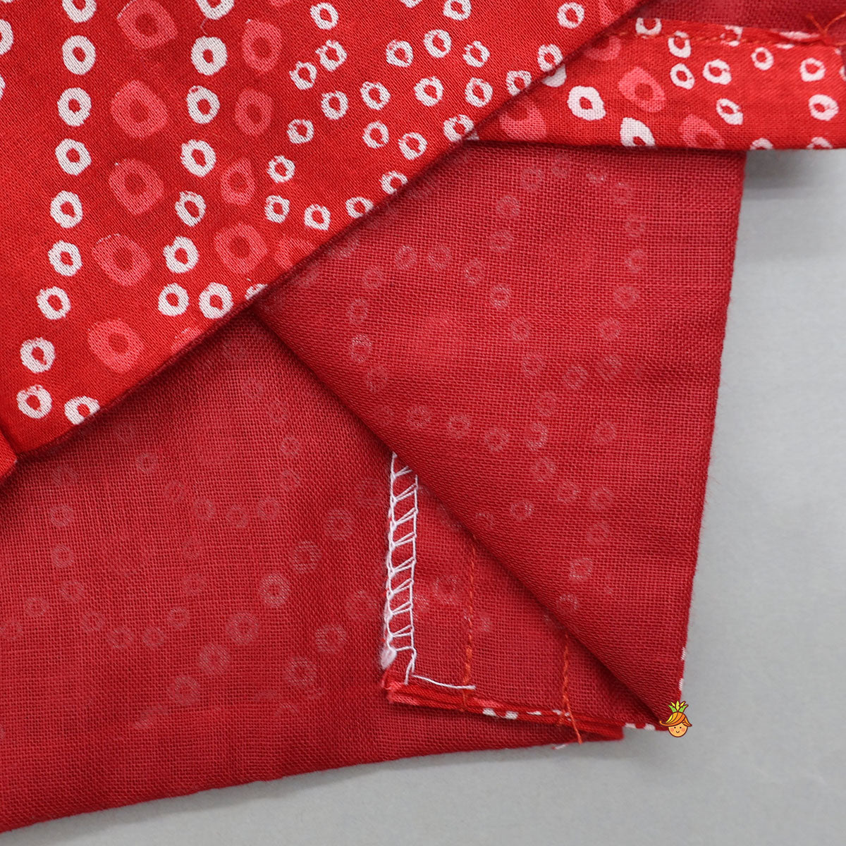 Pre Order: Bandhani Printed Jamna Set With Booties Mittens And Cap