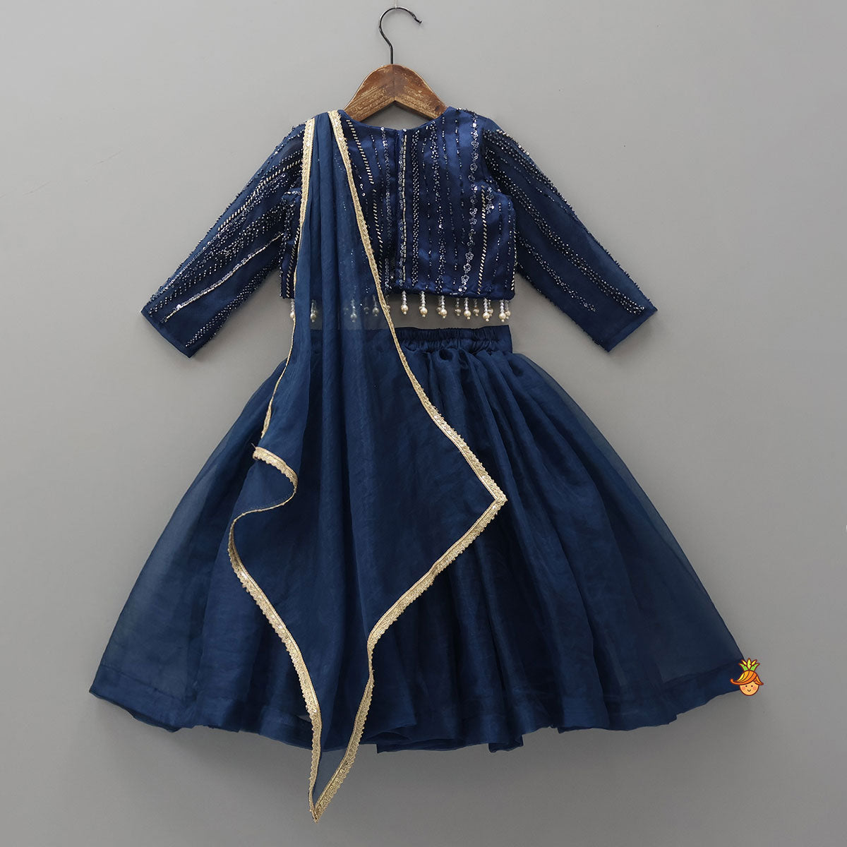 Pre Order: Heavy Embroidered Drape Crop Top And Lehenga With Matching Hair Band