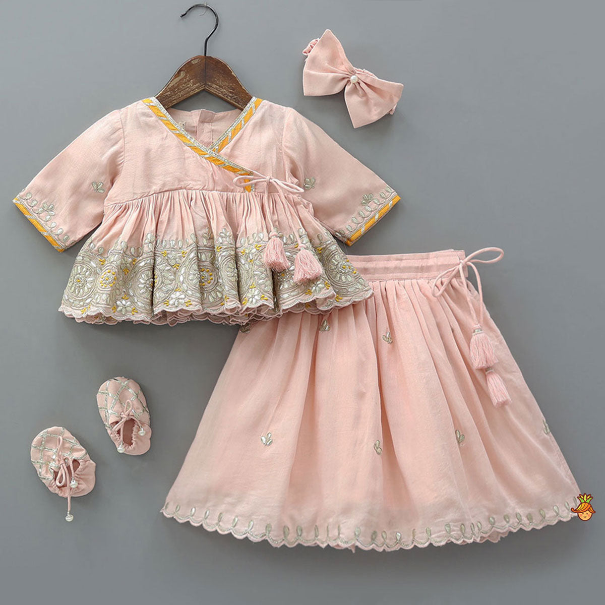 Pre Order: Elegant Hand Embroidered Gota Work Jamna Set With Matching Booties And Headband