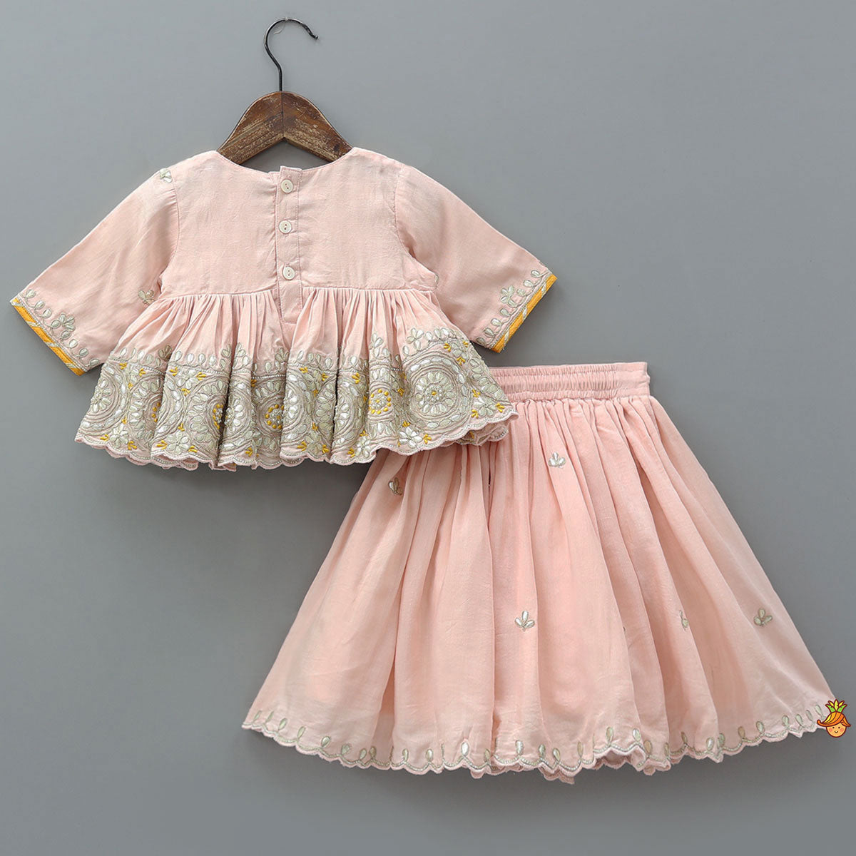 Pre Order: Elegant Hand Embroidered Gota Work Jamna Set With Matching Booties And Headband
