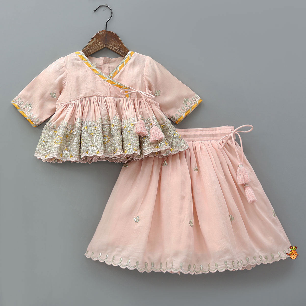 Pre Order: Elegant Hand Embroidered Gota Work Jamna Set With Matching Booties And Headband