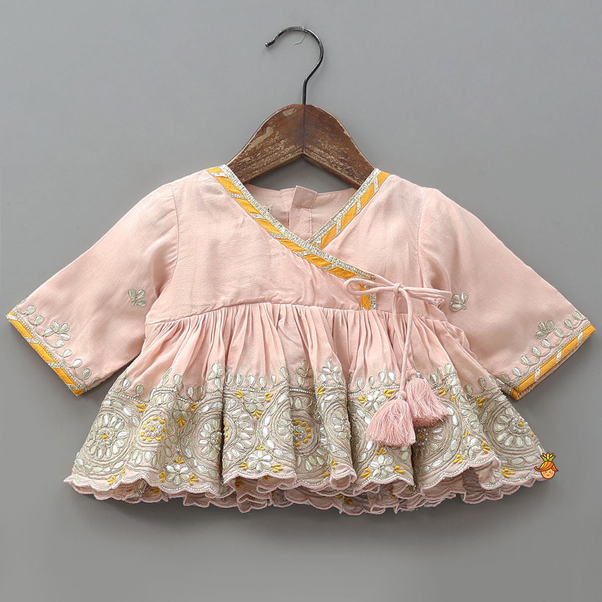 Pre Order: Elegant Hand Embroidered Gota Work Jamna Set With Matching Booties And Headband