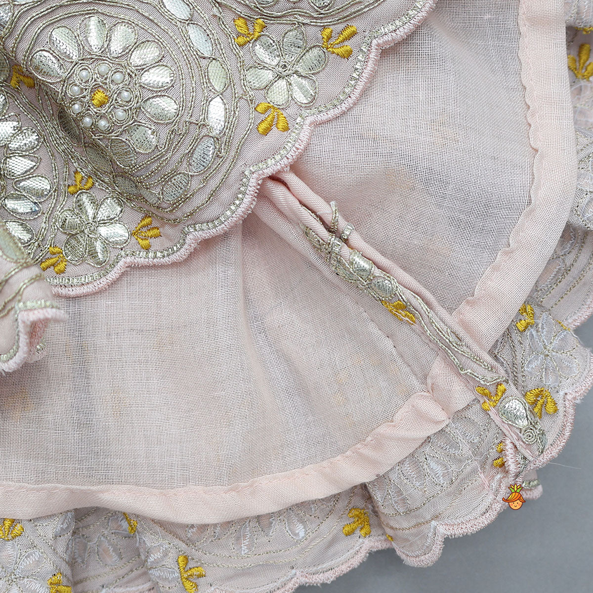 Pre Order: Elegant Hand Embroidered Gota Work Jamna Set With Matching Booties And Headband