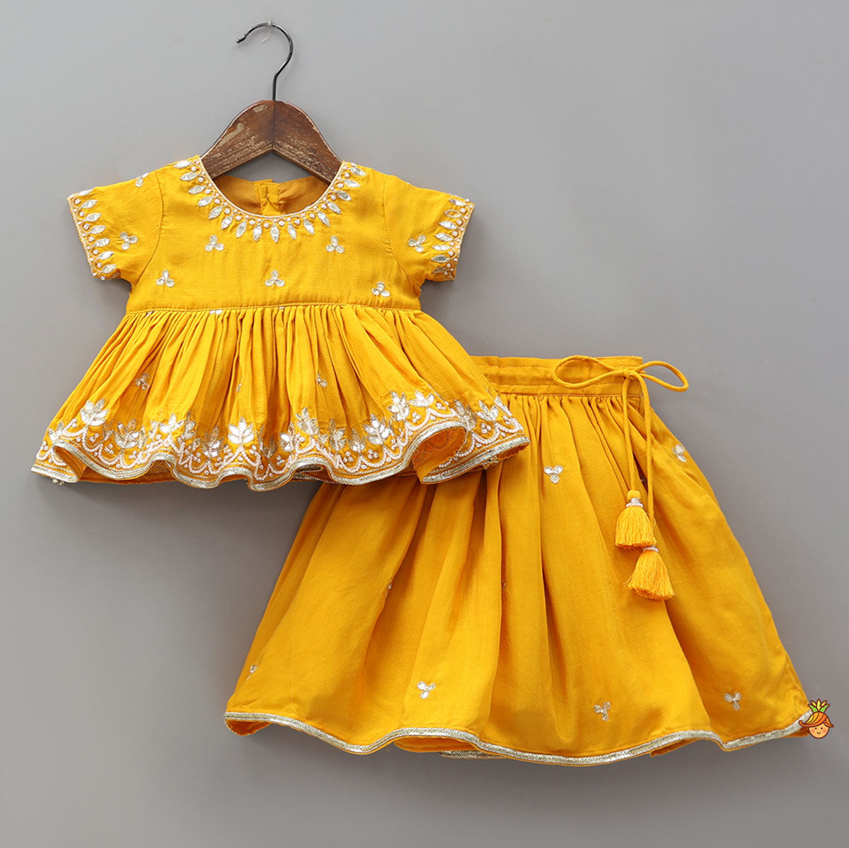 Pre Order: Hand Embroidered Gota Work Jamna Set With Matching Booties And Headband