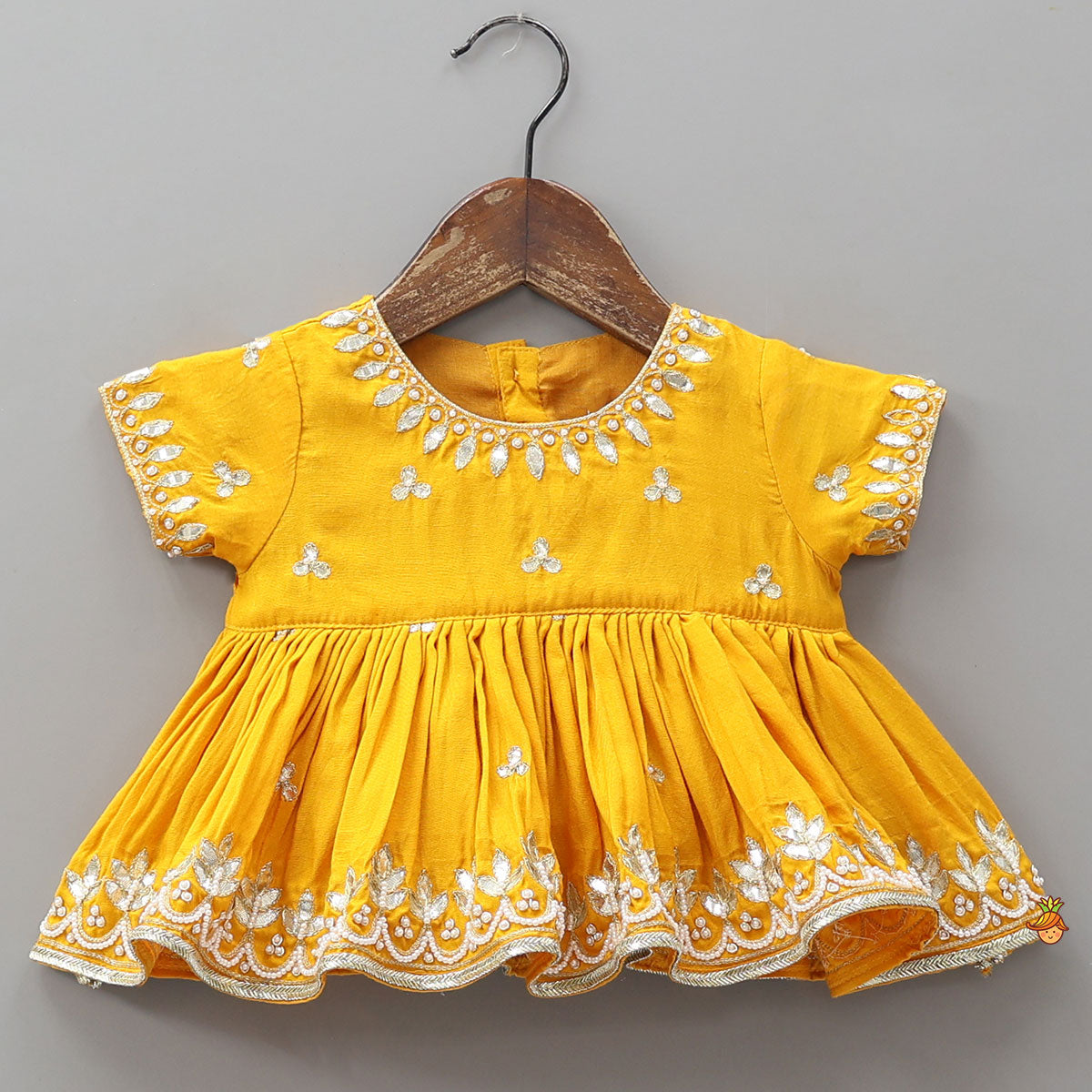 Pre Order: Hand Embroidered Gota Work Jamna Set With Matching Booties And Headband