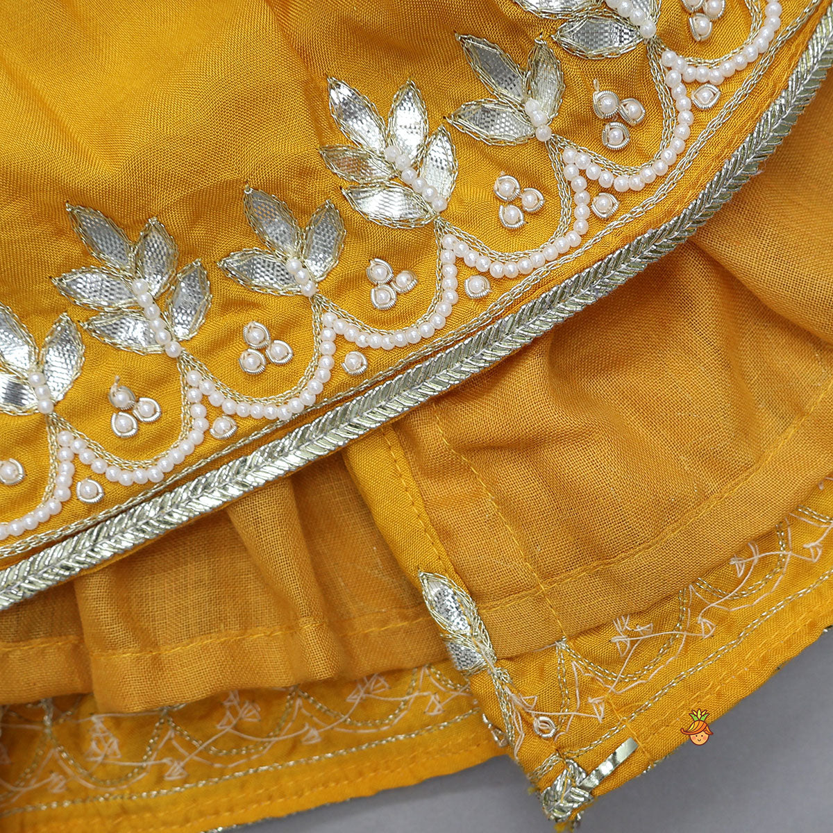 Pre Order: Hand Embroidered Gota Work Jamna Set With Matching Booties And Headband