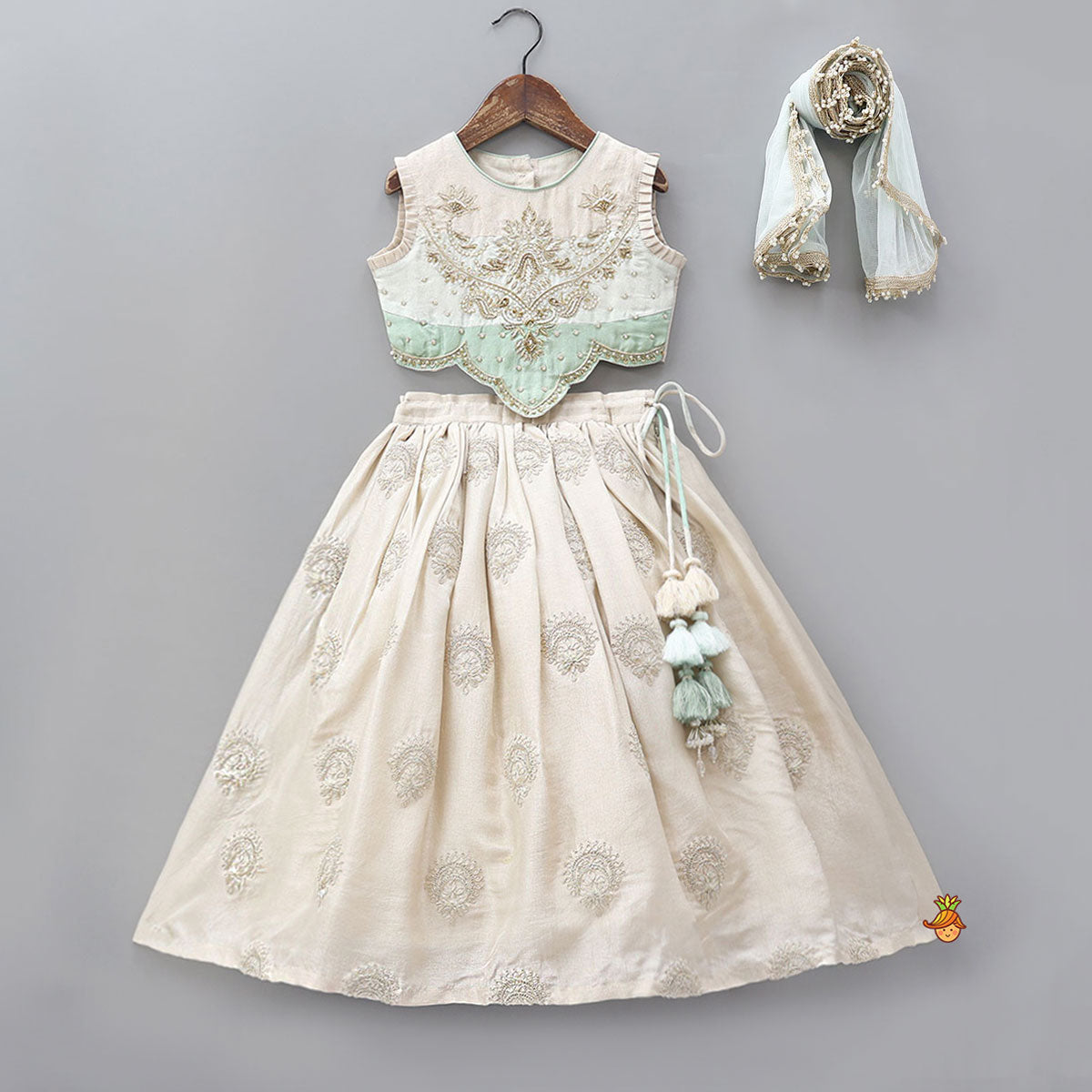 Pre Order: Hand Embroidered Pleated Armhole Top And Lehenga With Net Dupatta