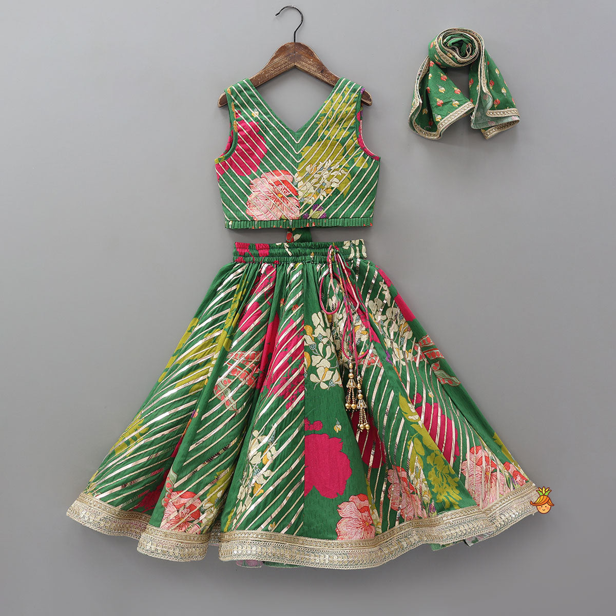 Pre Order: Floral Printed Lace Detailed Top And Lehenga With Dupatta