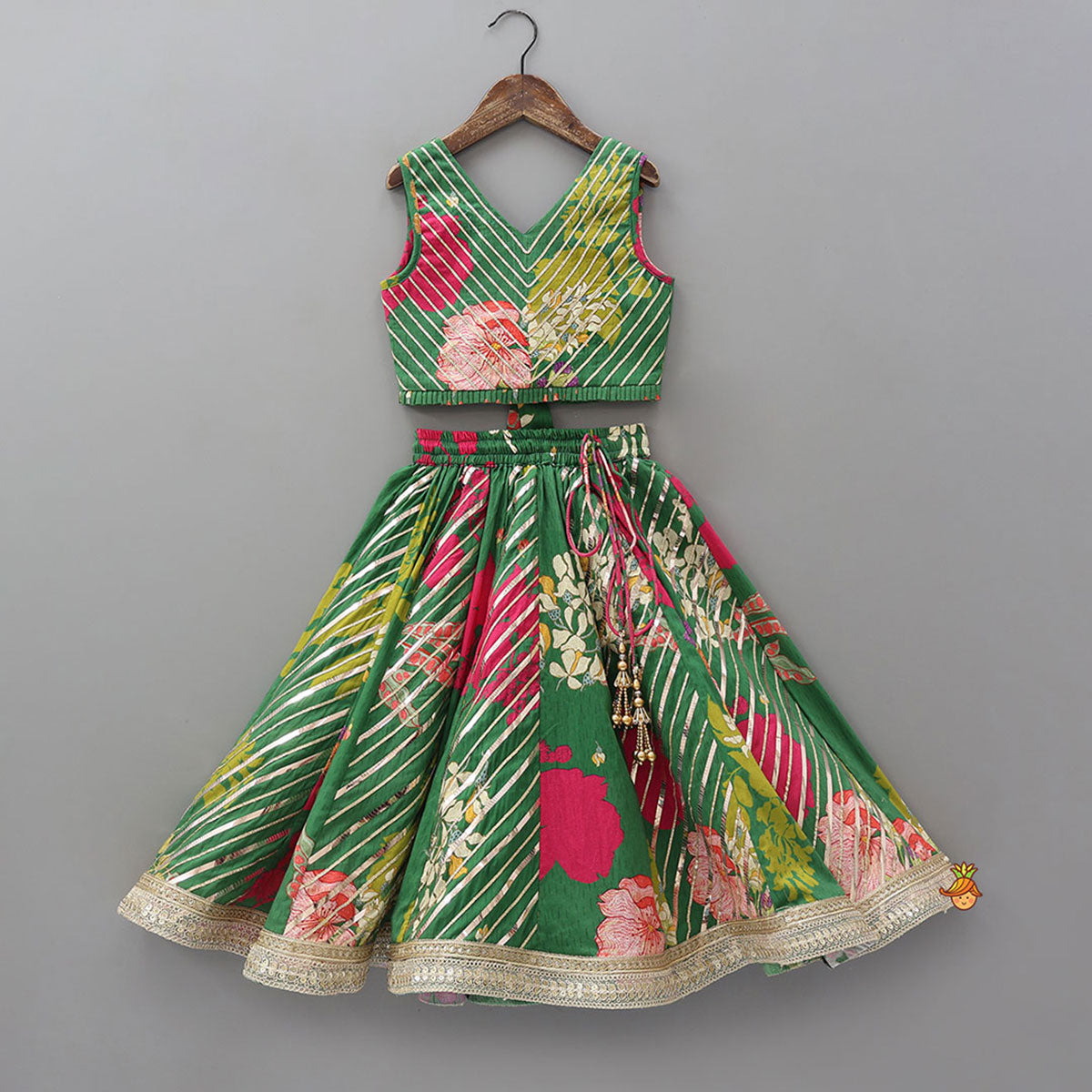 Pre Order: Floral Printed Lace Detailed Top And Lehenga With Dupatta