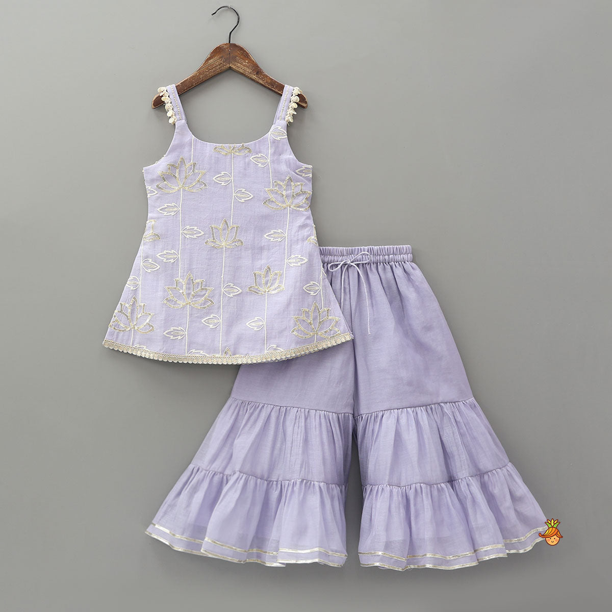Pre Order: Elegant Lotus-Embroidered Strappy Kurti With Sharara