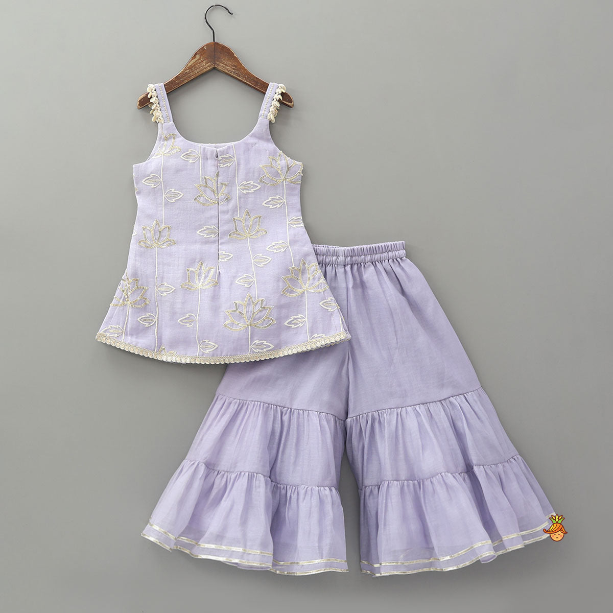 Pre Order: Elegant Lotus-Embroidered Strappy Kurti With Sharara