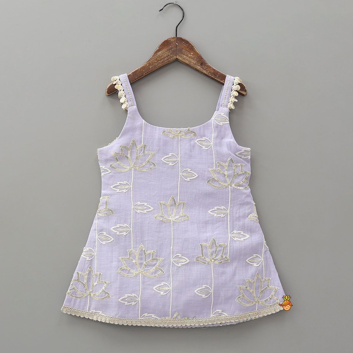 Pre Order: Elegant Lotus-Embroidered Strappy Kurti With Sharara