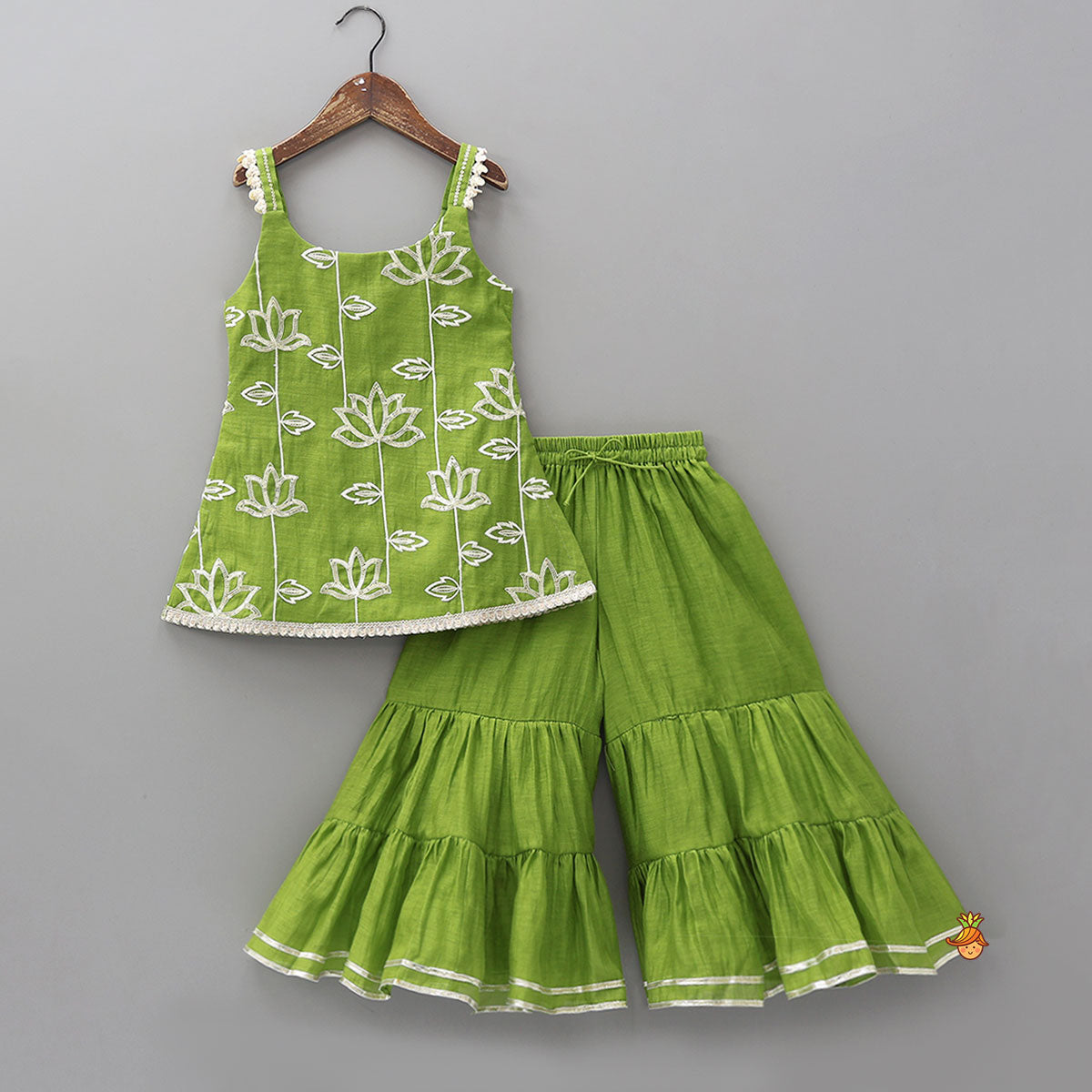 Pre Order: Lotus-Embroidered Strappy Kurti With Sharara