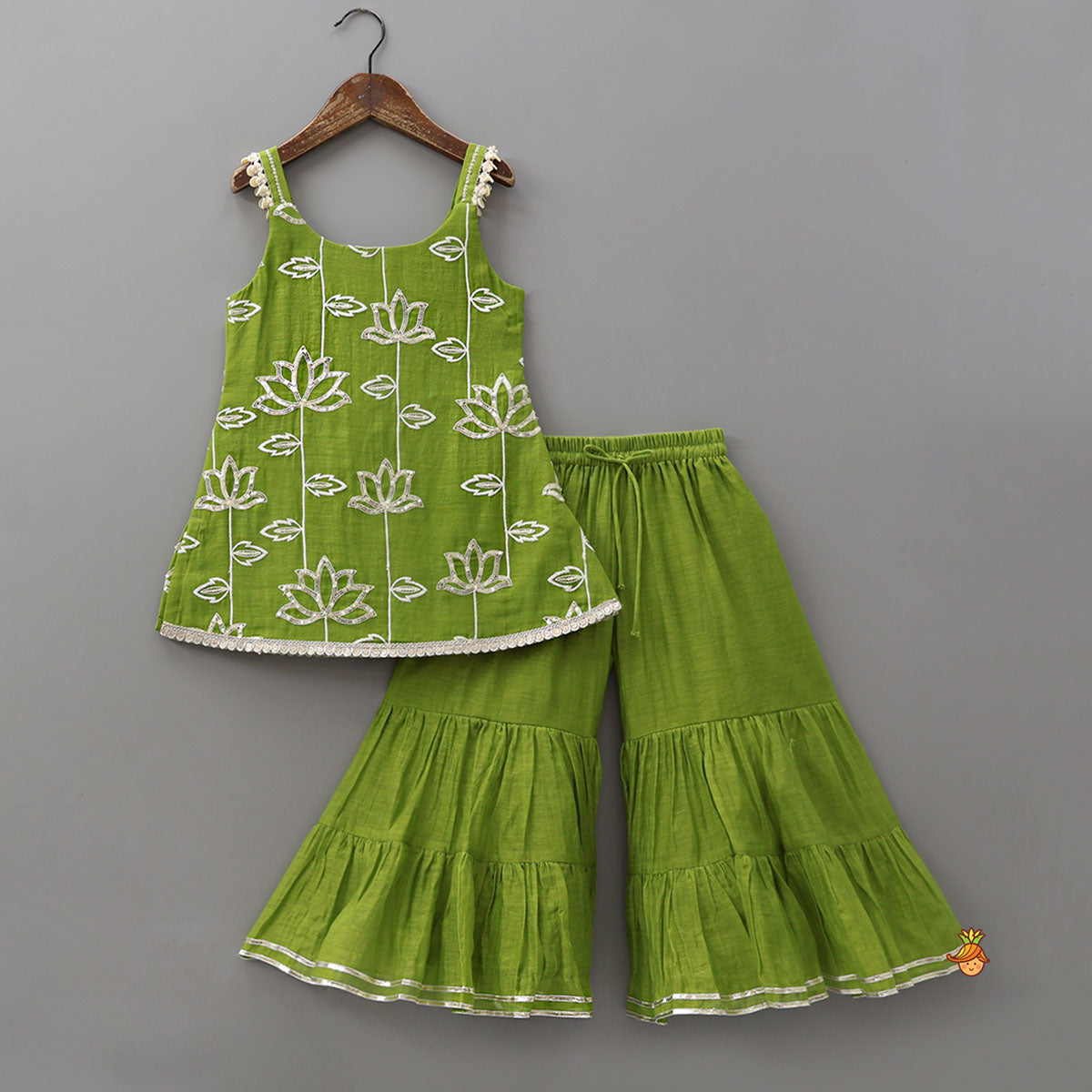 Pre Order: Lotus-Embroidered Strappy Kurti With Sharara