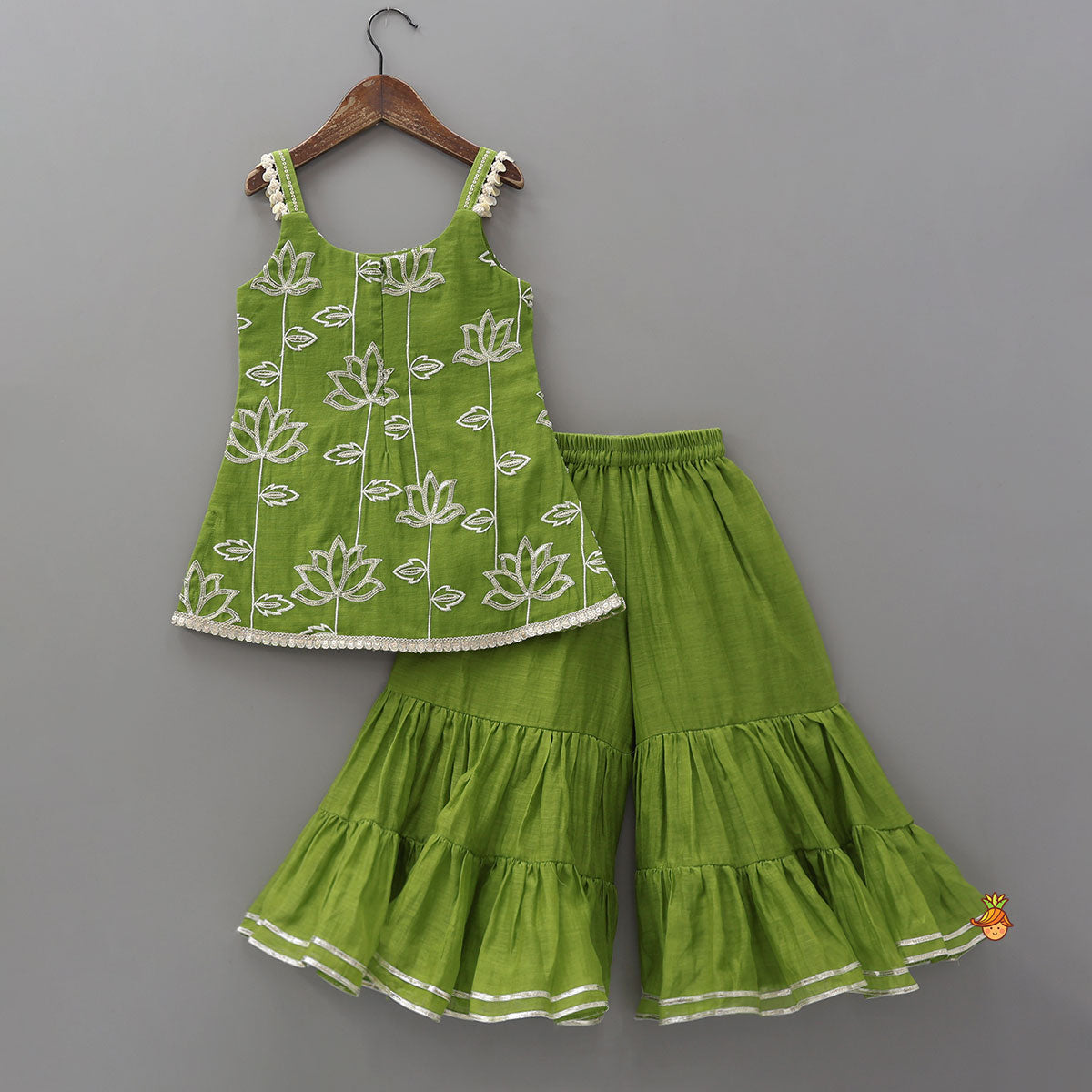 Pre Order: Lotus-Embroidered Strappy Kurti With Sharara