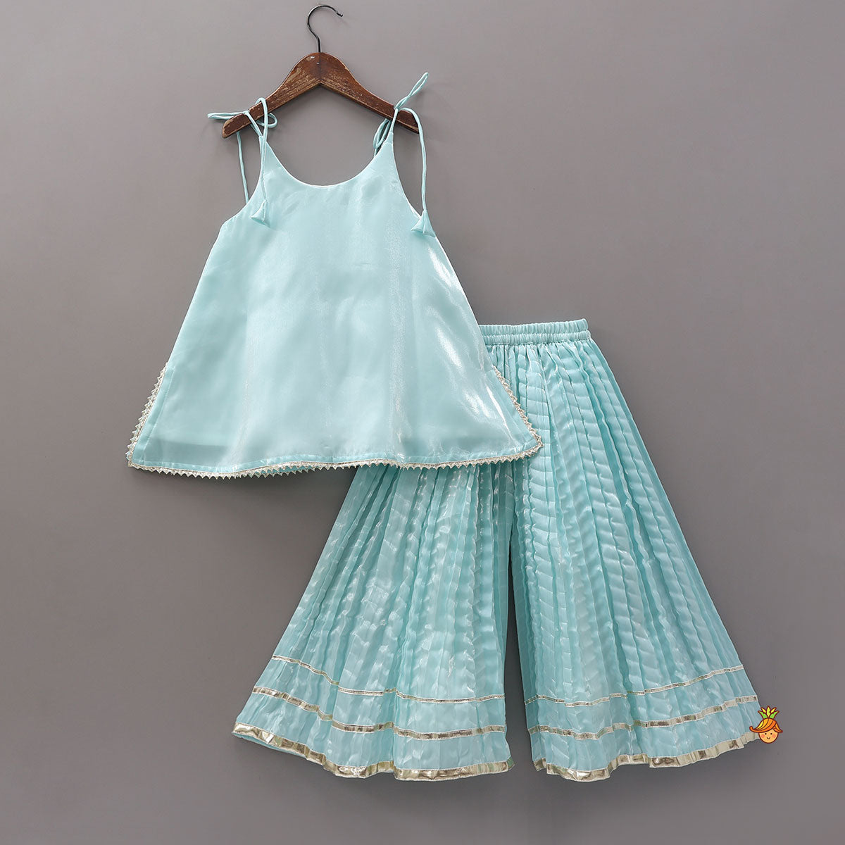 Pre Order: Sleeveless Sheen Elegant Kurti And Crushed Fabric Palazzo With Hair Tie
