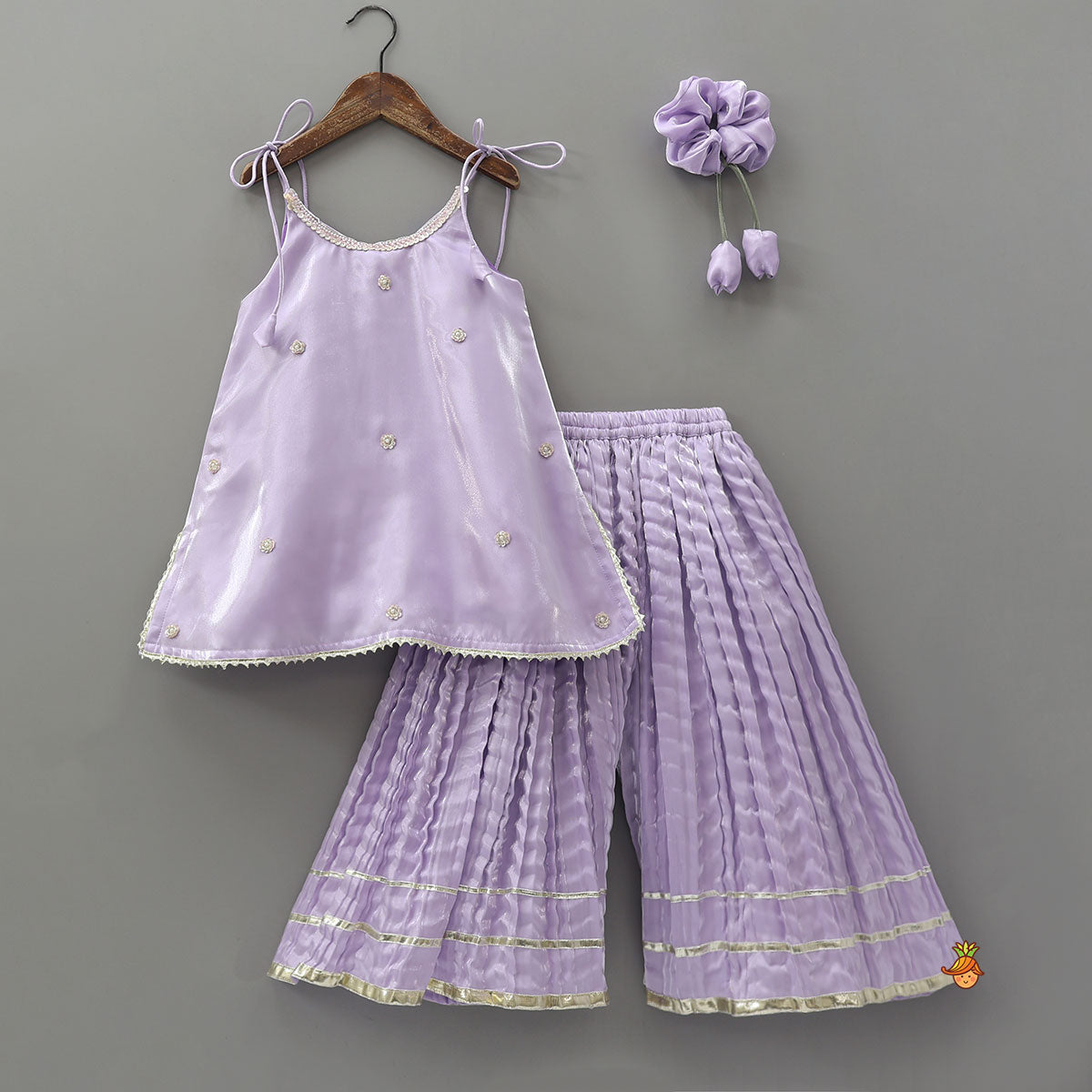 Pre Order: Sheen Elegant Kurti And Crushed Fabric Palazzo With Hair Tie