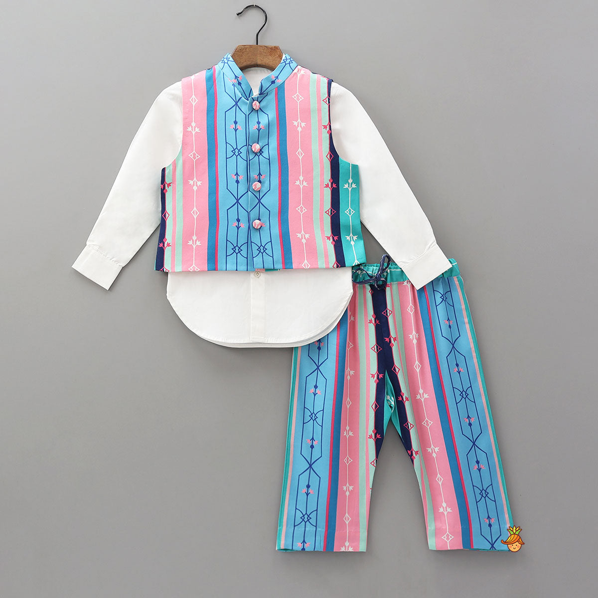 Pre Order: Shirt With Multicolour Striped Jacket And Pyjama