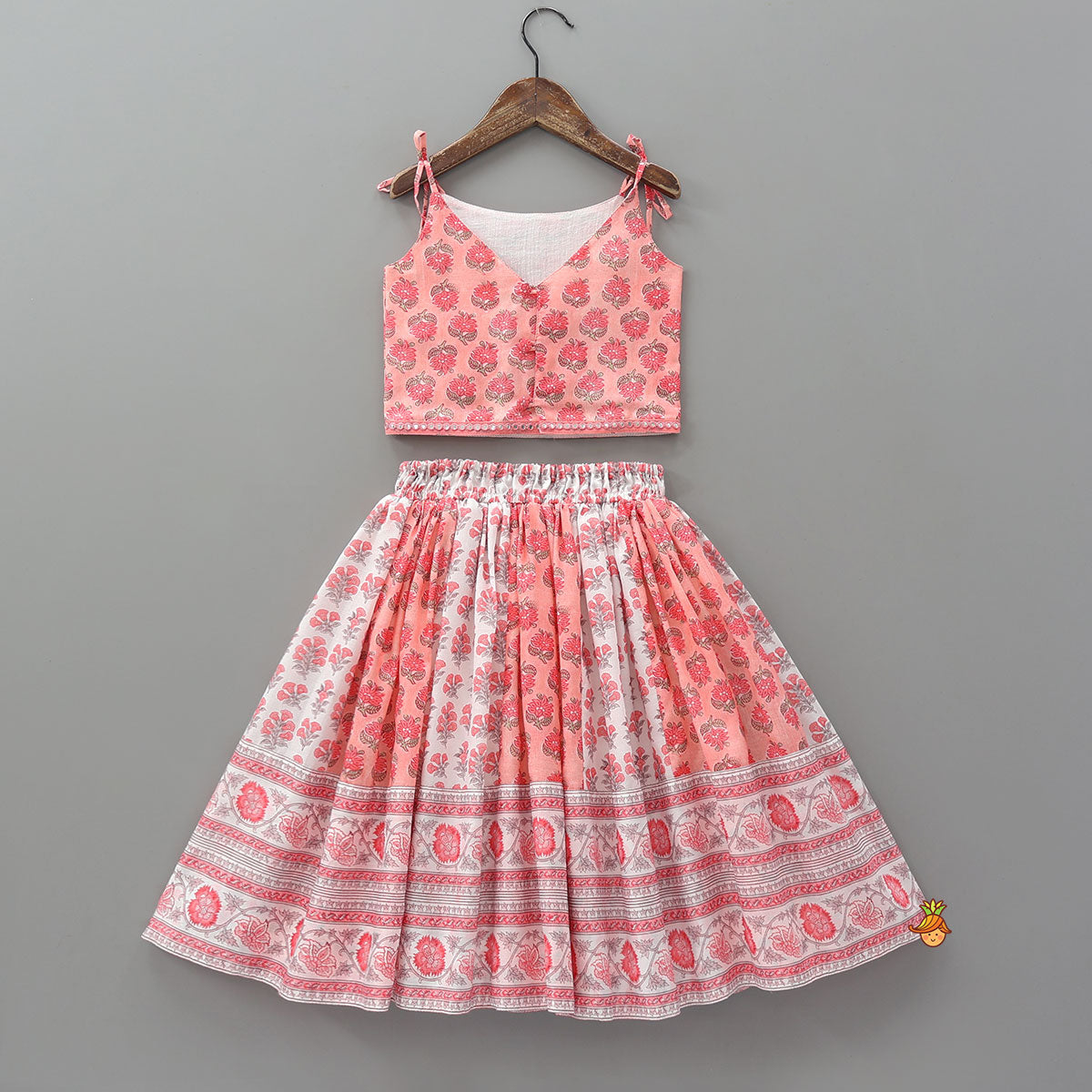 Pre Order: Tie Up Straps Floral Printed Top And Lehenga