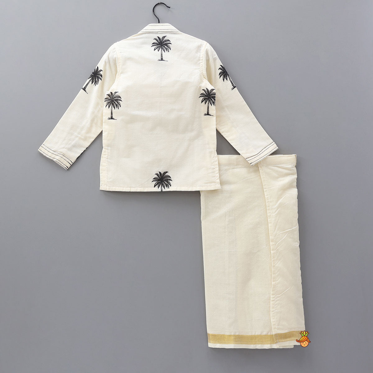 Pre Order: Tree Printed Thread Work Kurta With Mundu