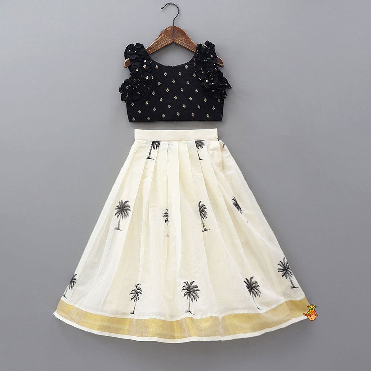 Pre Order: Buti Detailed Top With Tree Printed Lehenga
