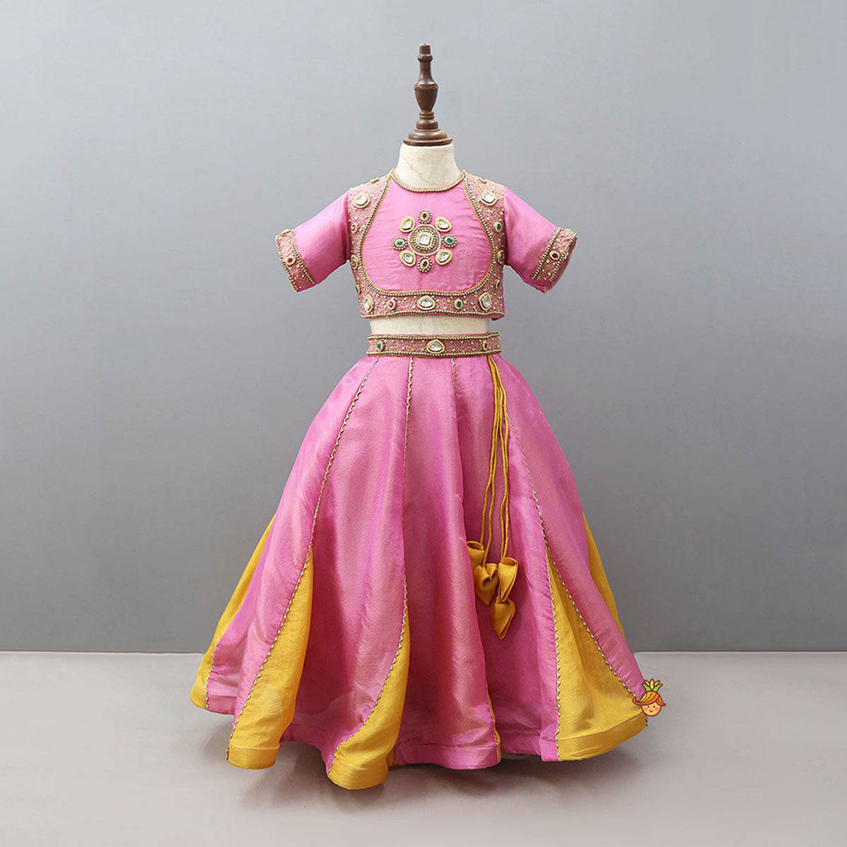 Shimmery Handcrafted Crop Top And Lehenga With Contrasting Dupatta