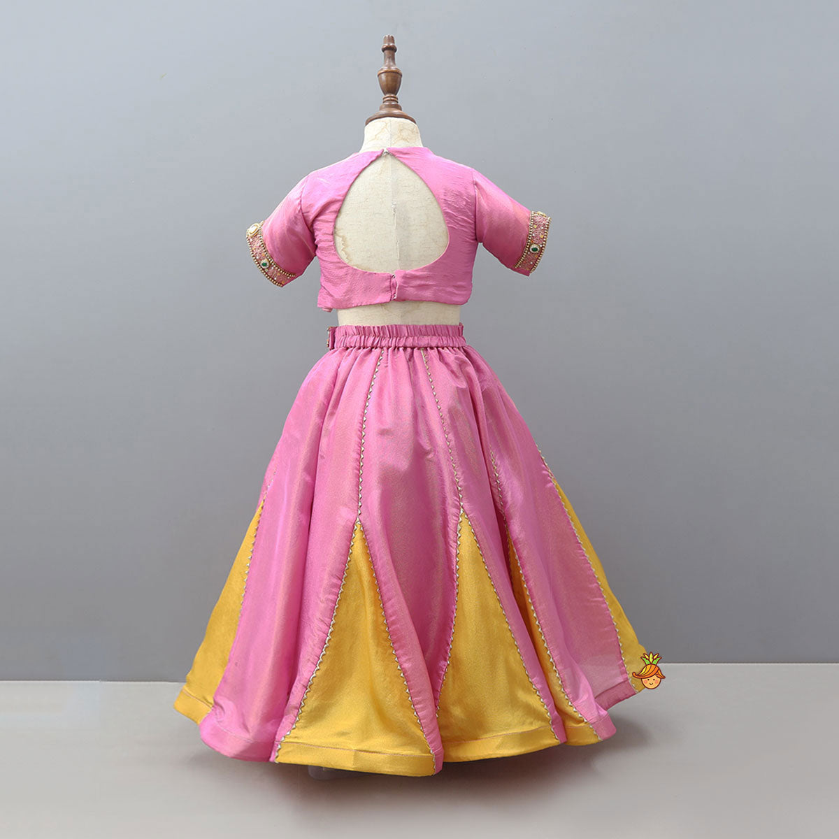 Shimmery Handcrafted Crop Top And Lehenga With Contrasting Dupatta