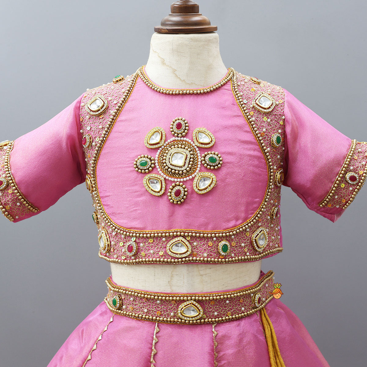 Shimmery Handcrafted Crop Top And Lehenga With Contrasting Dupatta