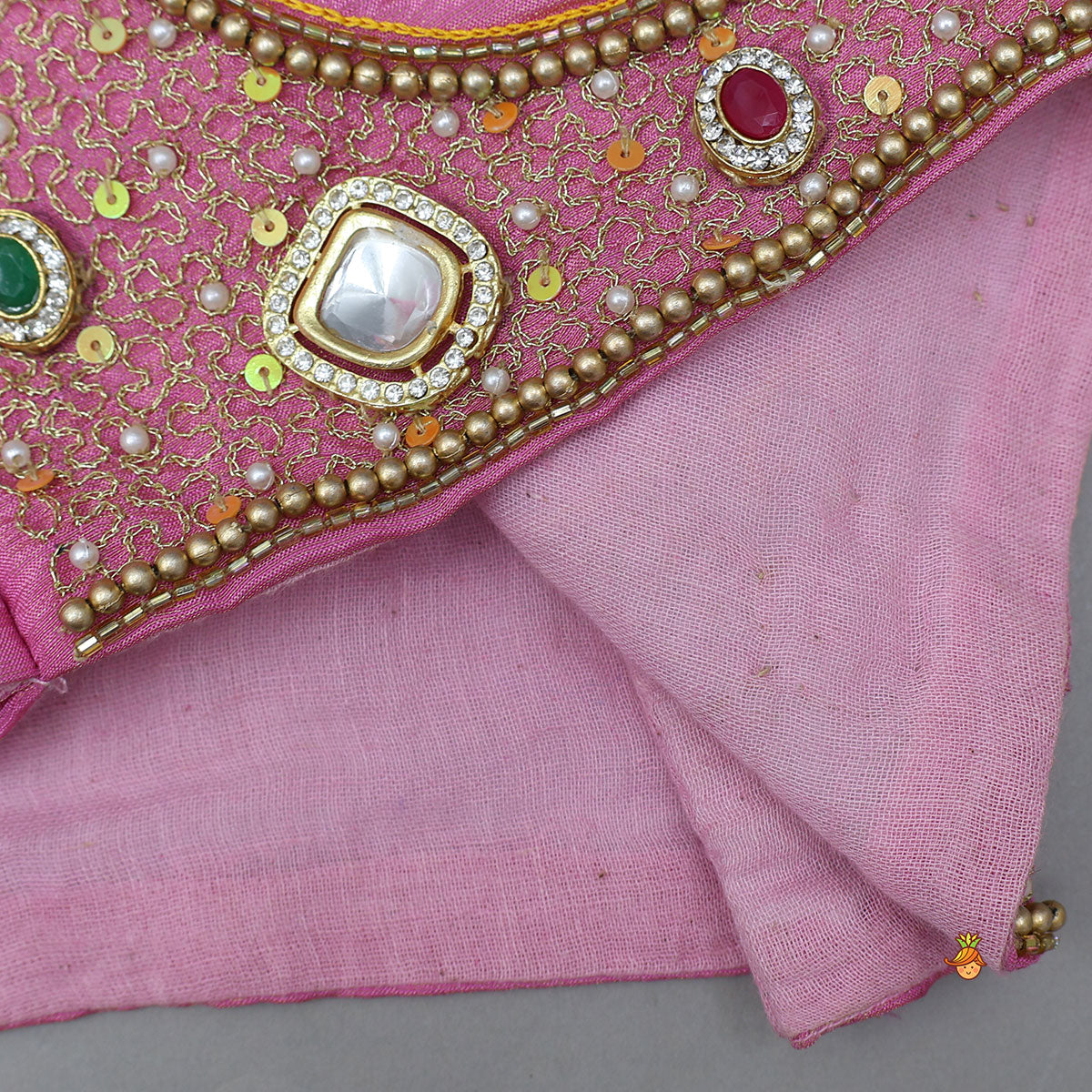 Shimmery Handcrafted Crop Top And Lehenga With Contrasting Dupatta
