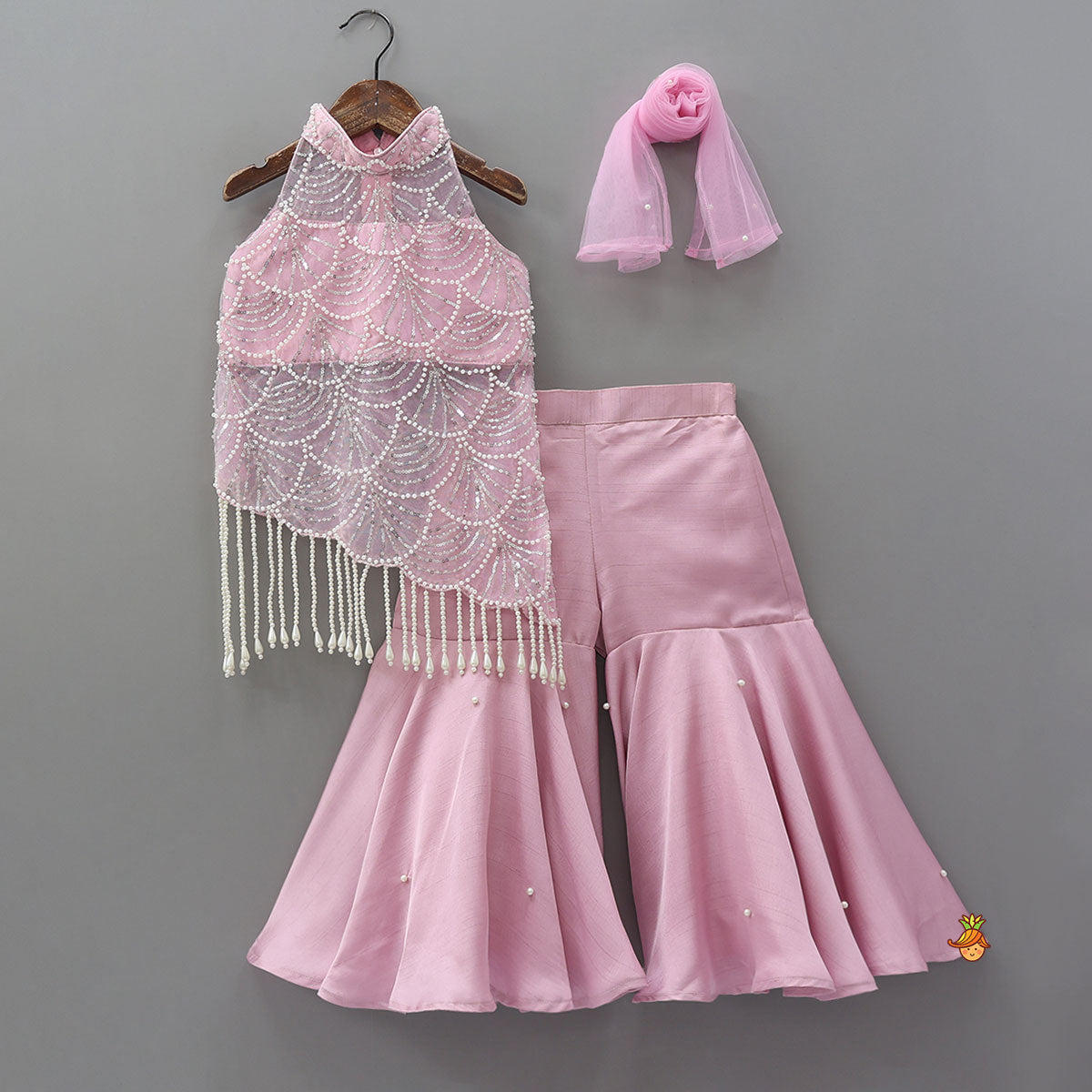 Asymmetric Heavy Work Top And Sharara With Matching Net Dupatta
