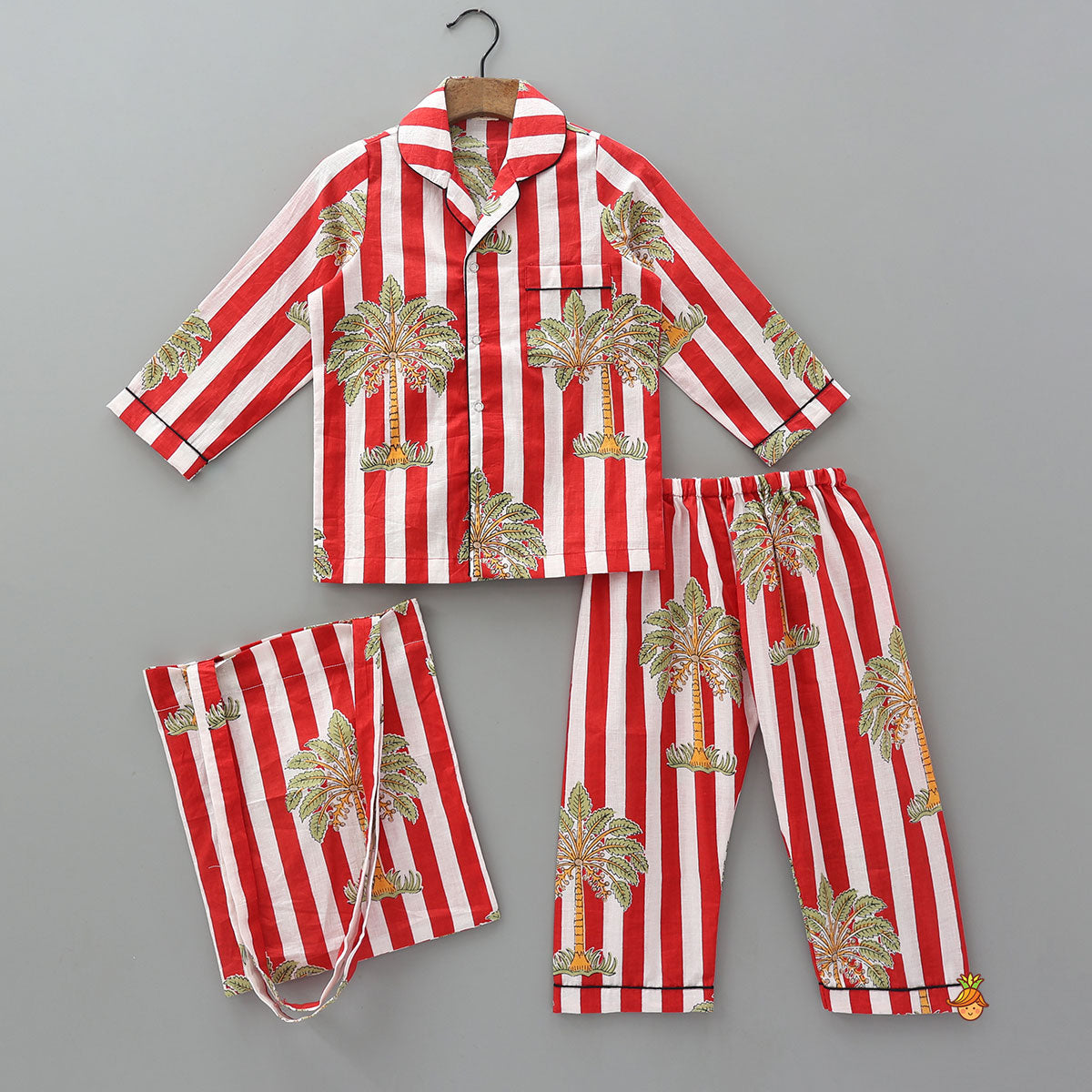 Pre Order: Tree Printed Striped Sleepwear Set With Matching Tote Bag