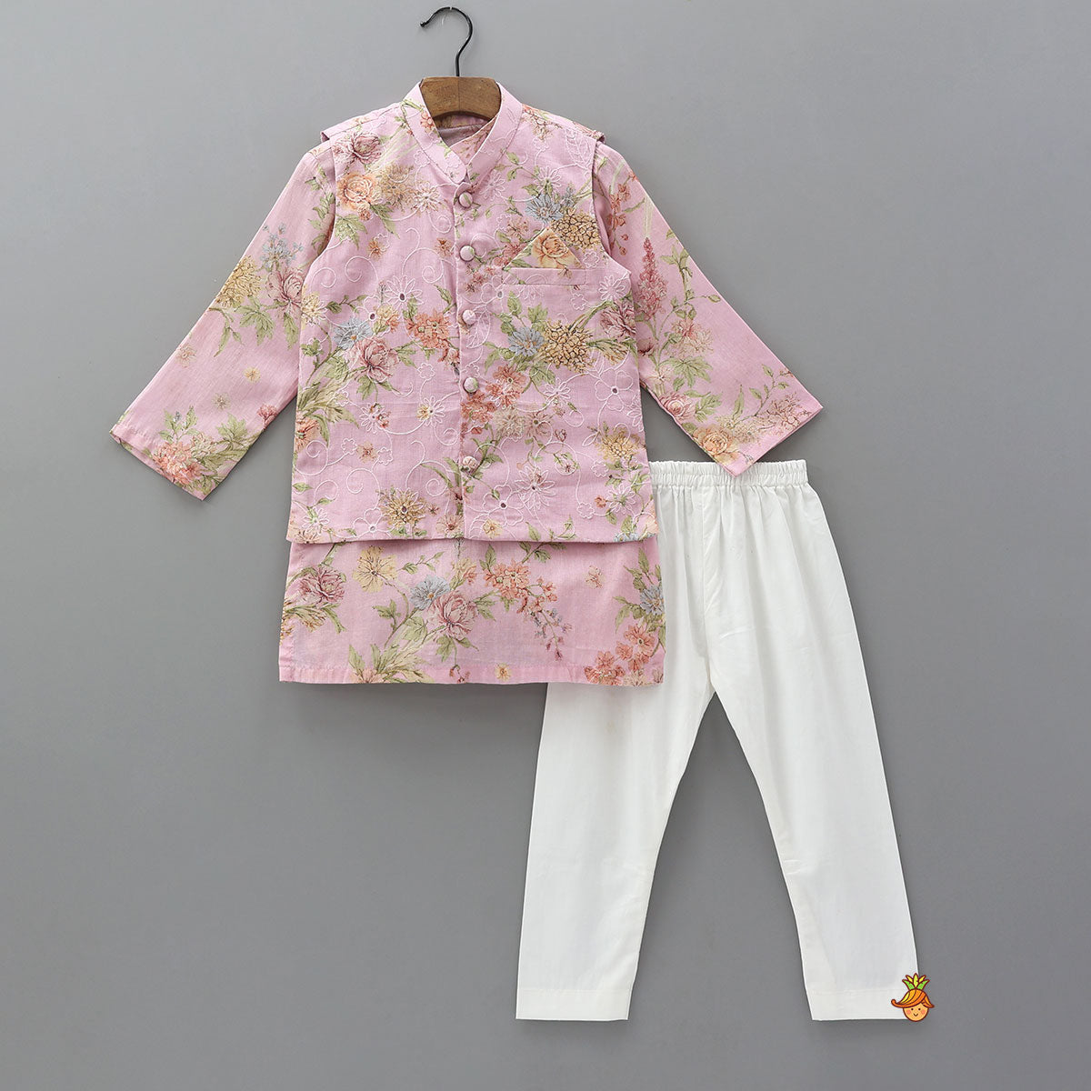 Pre Order: Floral Printed Elegant Kurta With Matching Jacket And Pyjama