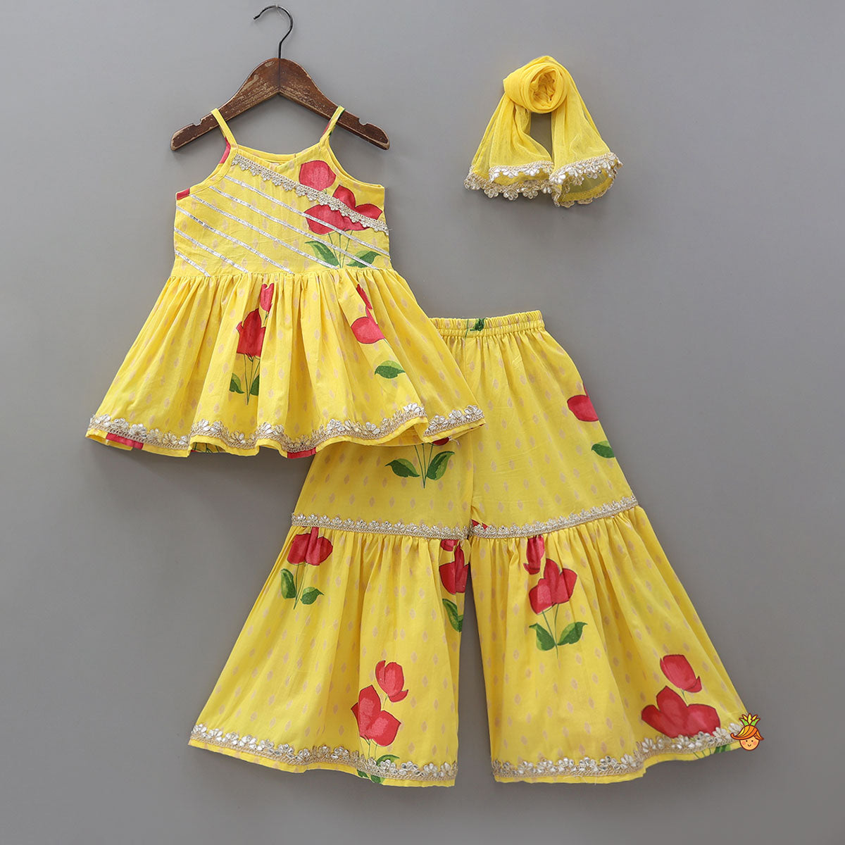Pre Order: Vibrant Floral Strappy Peplum Top With Sharara And Dupatta