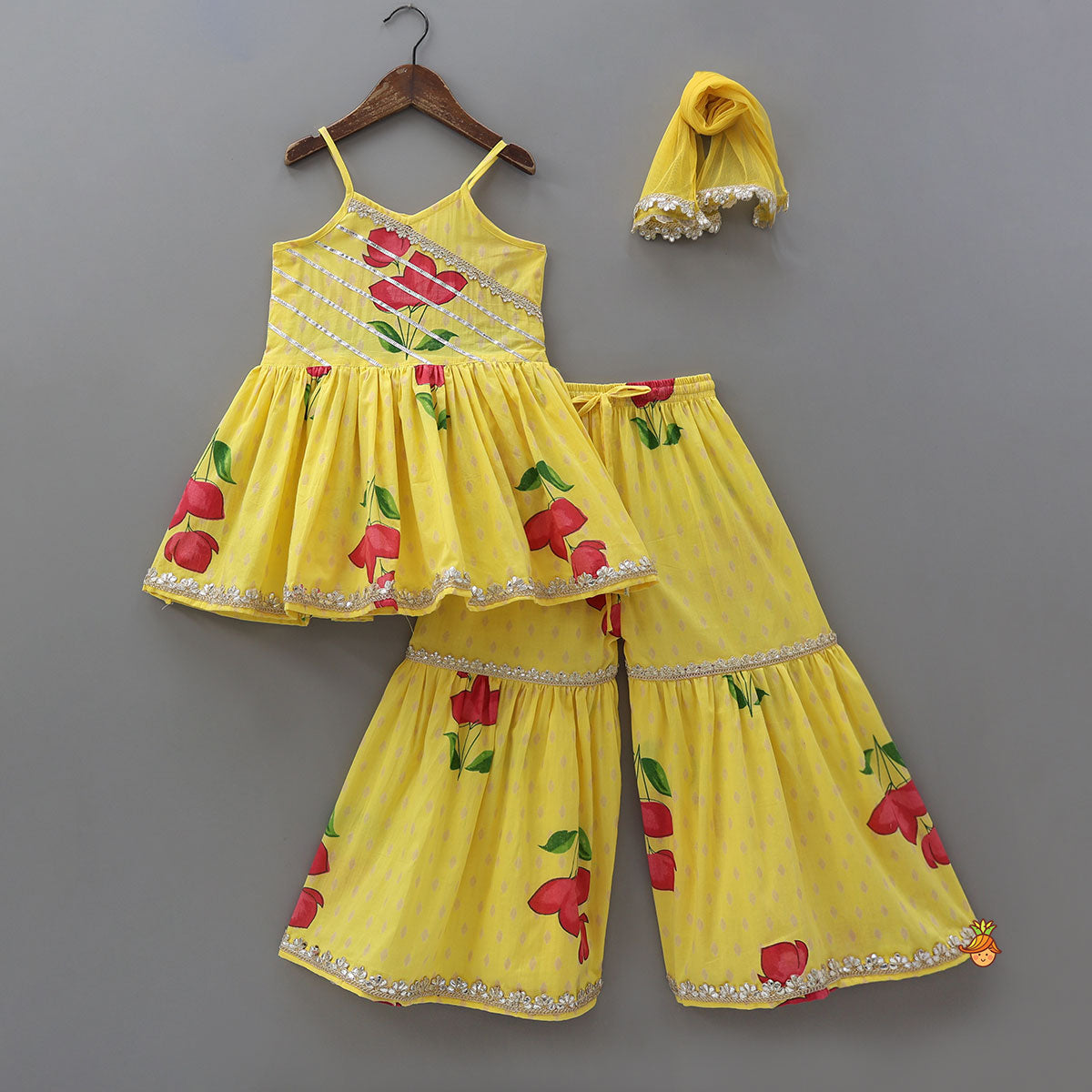 Pre Order: Vibrant Floral Strappy Peplum Top With Sharara And Dupatta