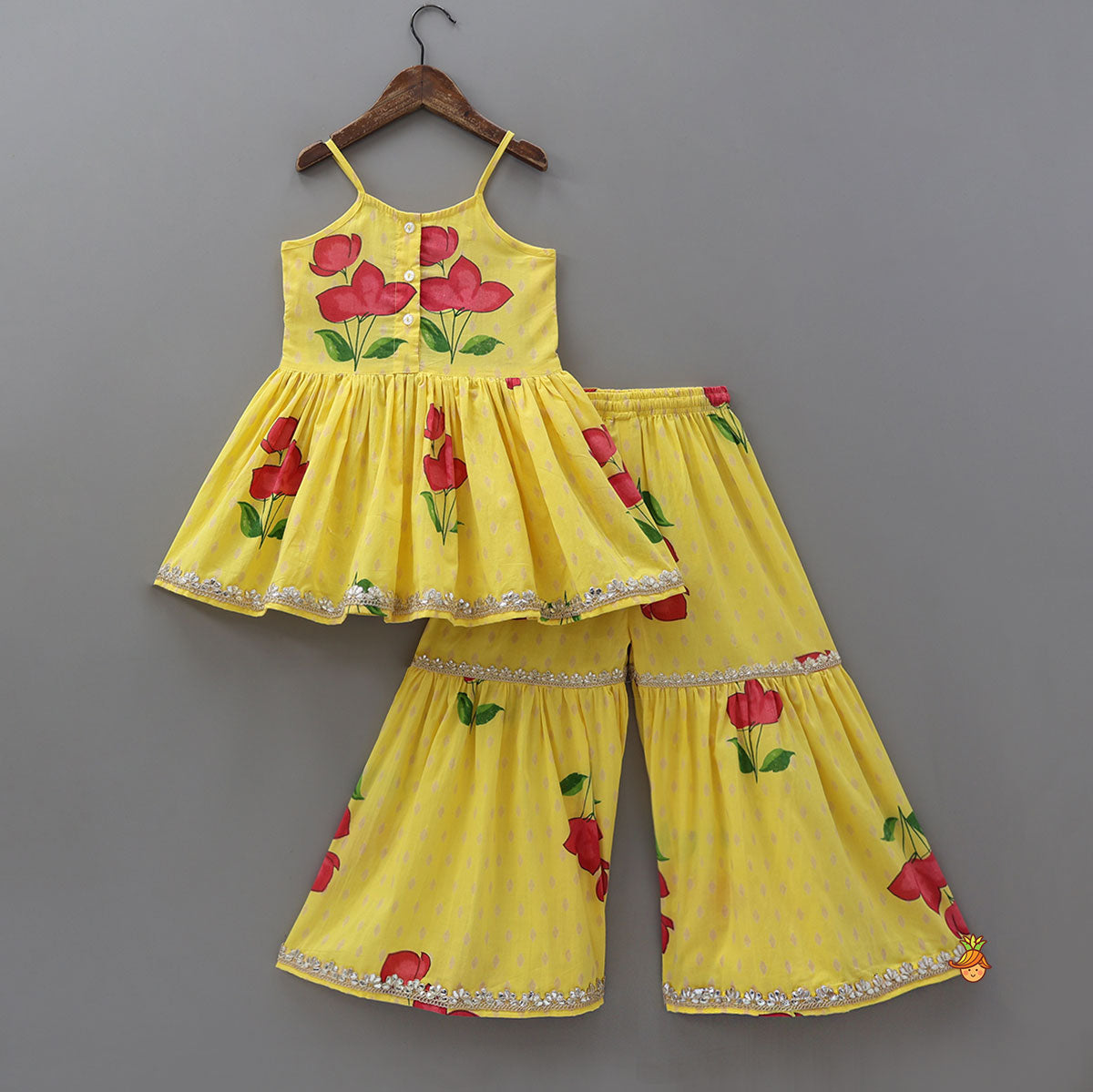 Pre Order: Vibrant Floral Strappy Peplum Top With Sharara And Dupatta