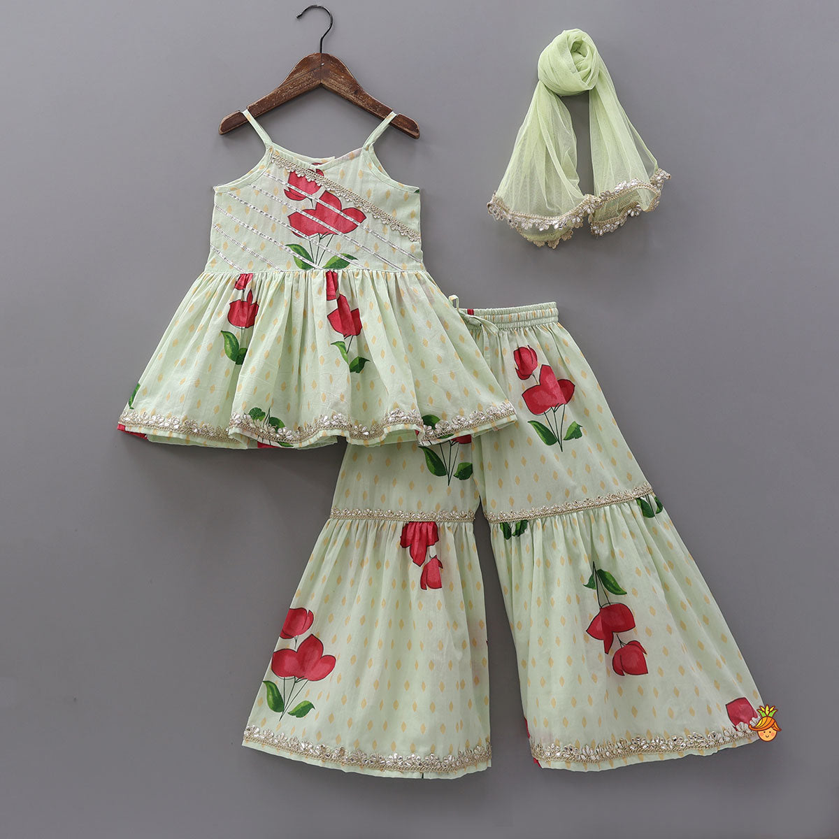 Pre Order: Floral Strappy Peplum Top With Sharara And Dupatta