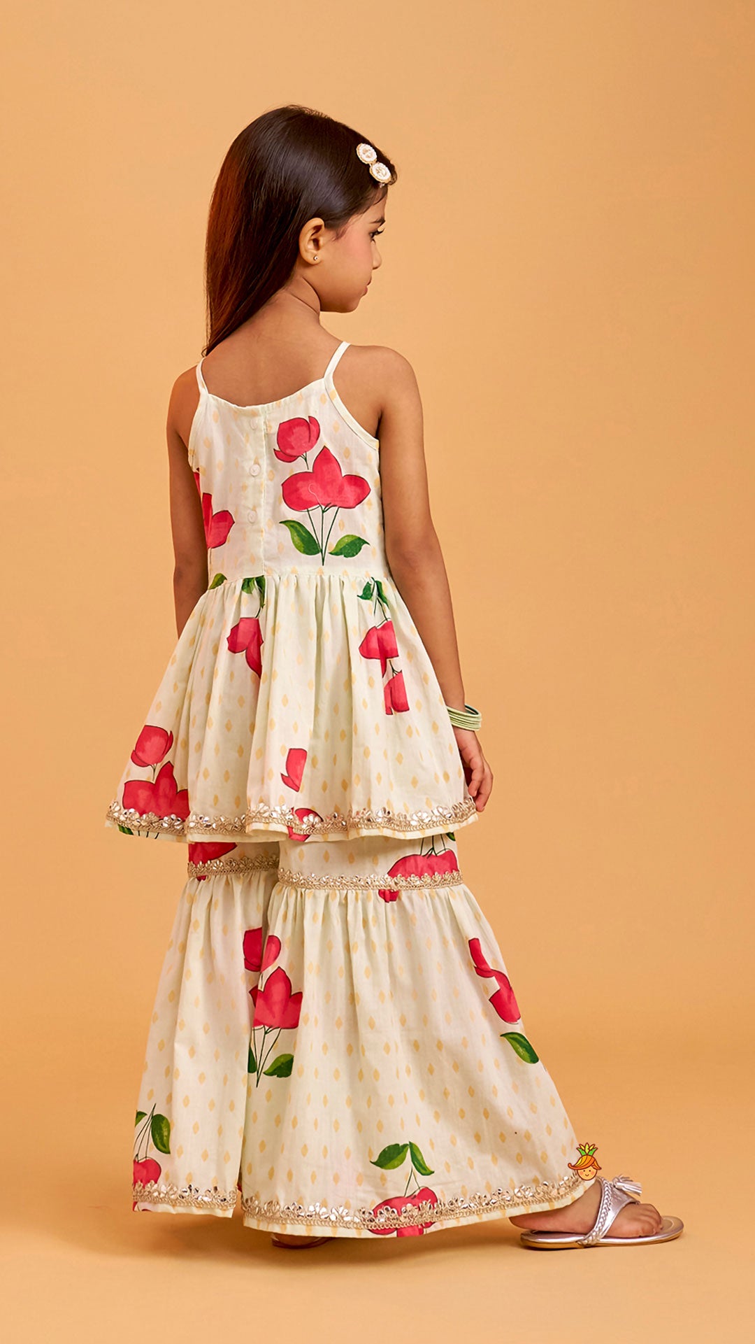 Pre Order: Floral Strappy Peplum Top With Sharara And Dupatta