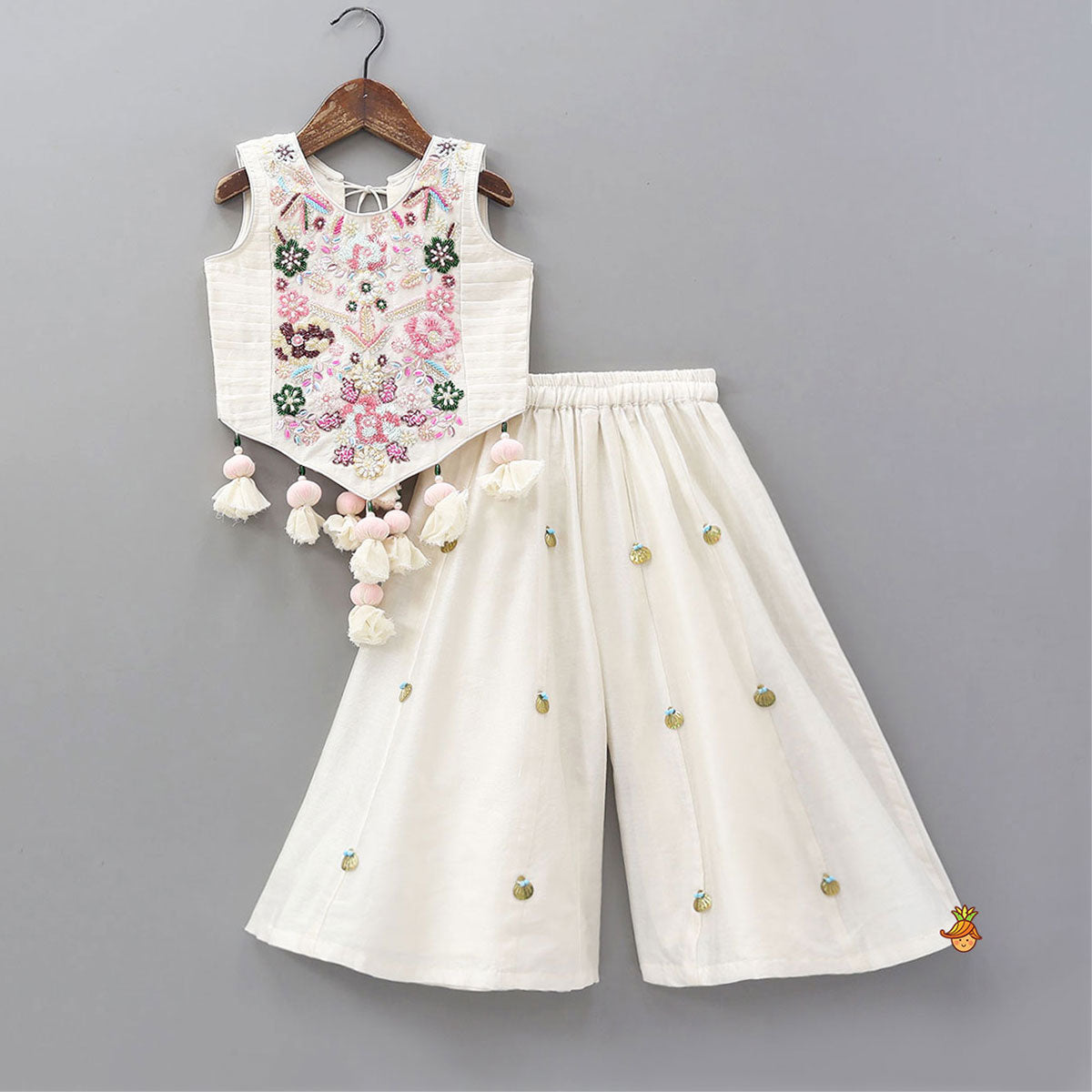 Pre Order: Tassel Detailed Floral Embroidered Top With Palazzo