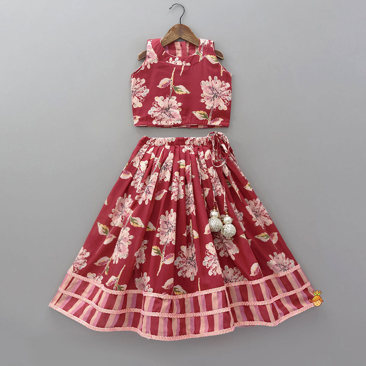 Pre Order: Floral Printed Crop Top And Lehenga With Dupatta