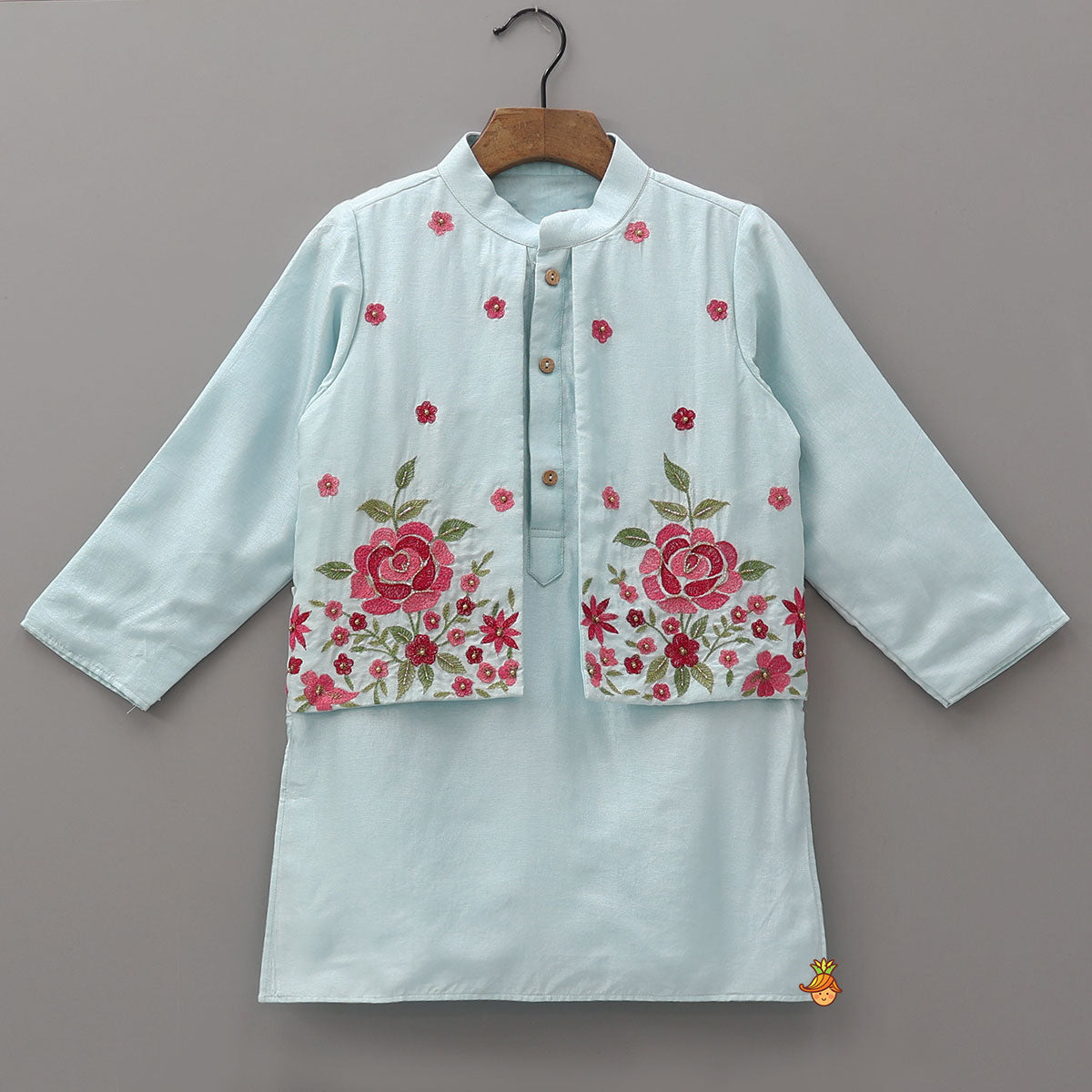 Pre Order: Floral Embroidered Jacket Style Kurta With Pyjama