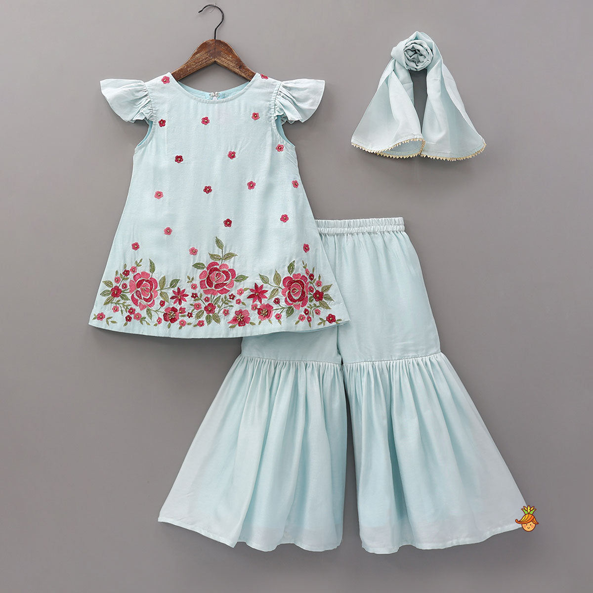 Pre Order: Floral Leaves Embroidered Kurti With Sharara and Dupatta
