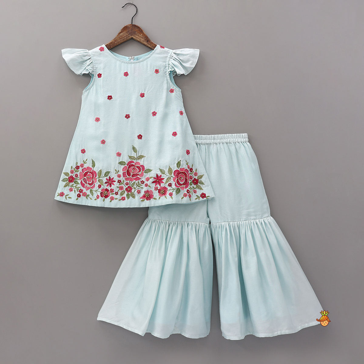 Pre Order: Floral Leaves Embroidered Kurti With Sharara and Dupatta