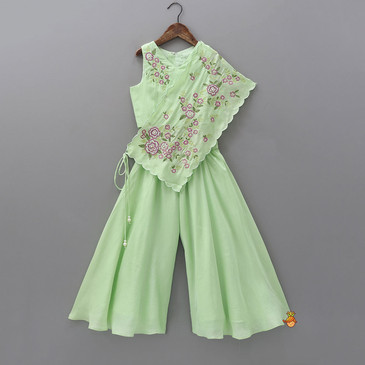 Pre Order: Floral Hand Embroidered Top With Flared Palazzo And Attached Dupatta