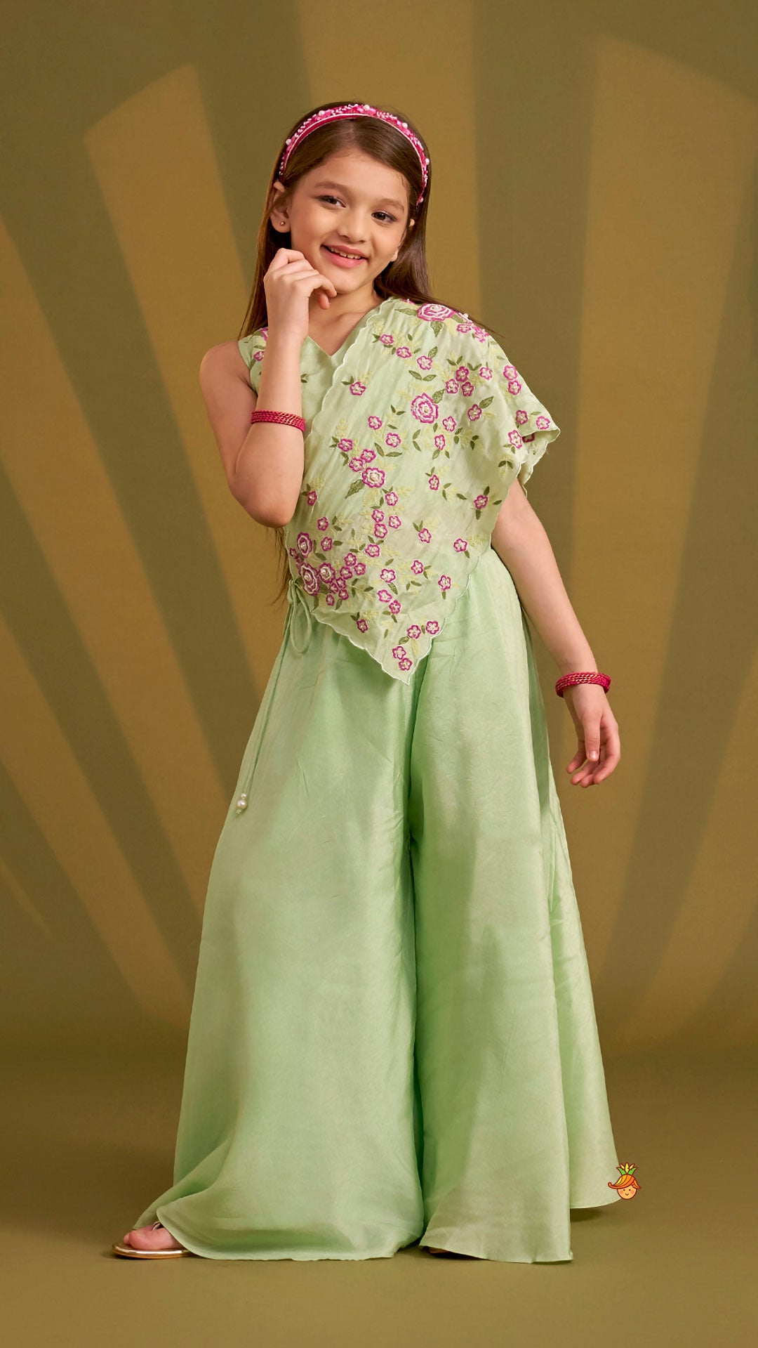 Pre Order: Floral Hand Embroidered Top With Flared Palazzo And Attached Dupatta