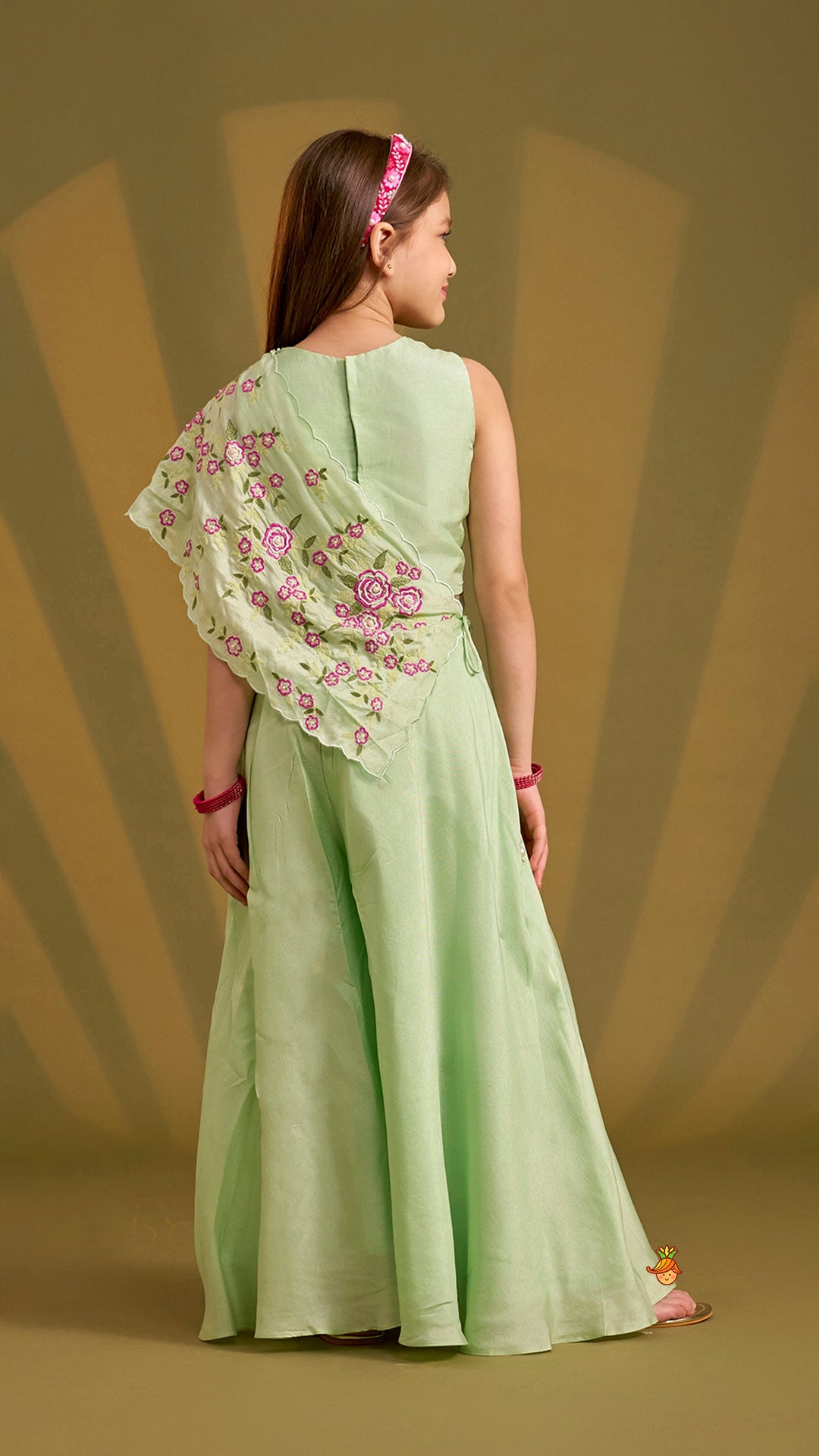 Pre Order: Floral Hand Embroidered Top With Flared Palazzo And Attached Dupatta