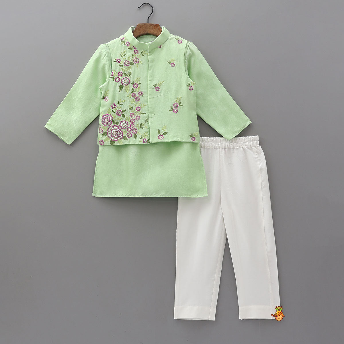 Pre Order: Ethnic Silk Kurta With Floral Embroidered Jacket And Pyjama