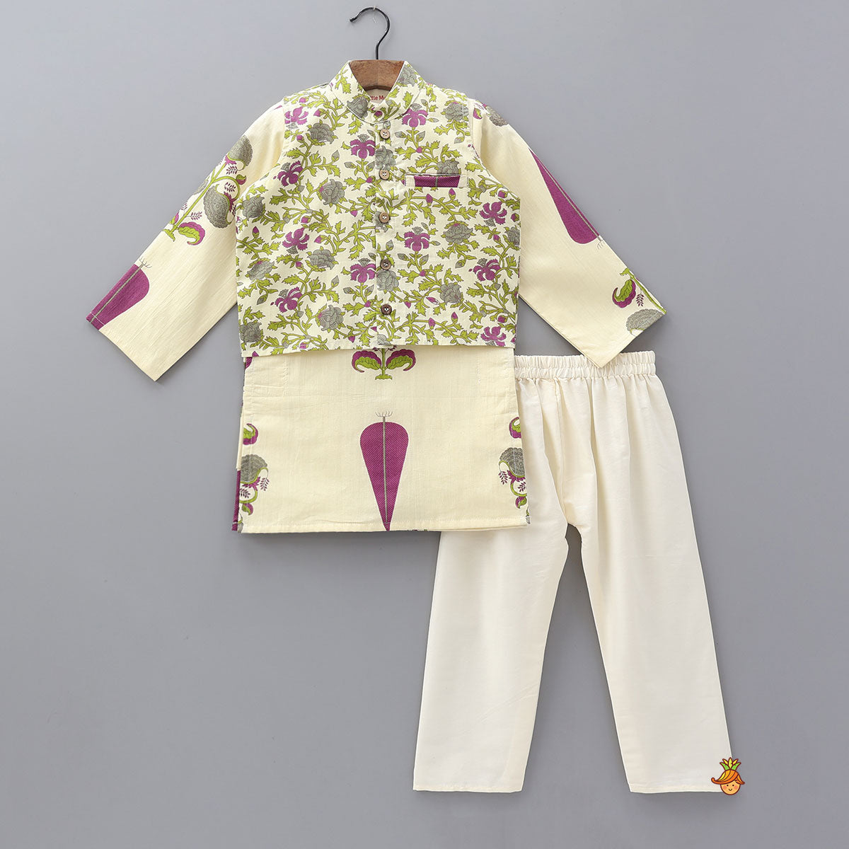 Pre Order: Floral Block Printed Kurta Jacket Set With Pyjama