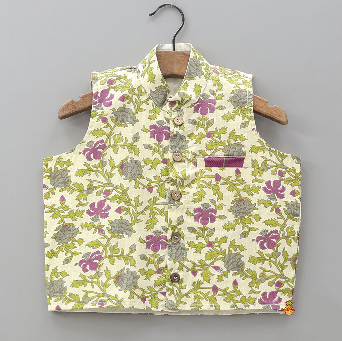 Pre Order: Floral Block Printed Kurta Jacket Set With Pyjama