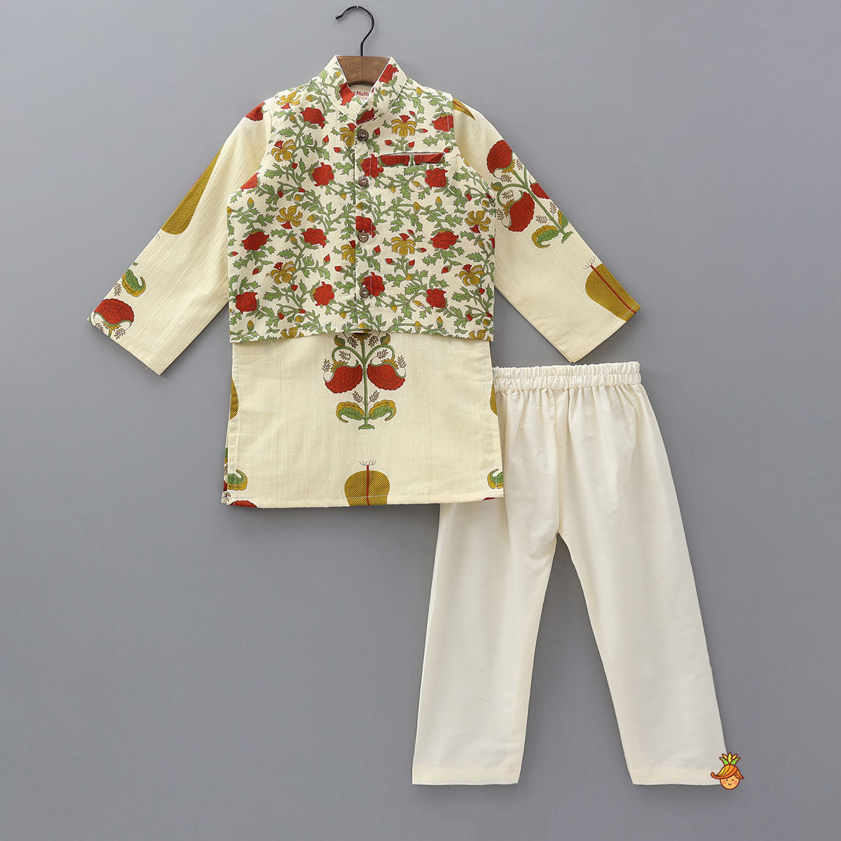 Pre Order: Floral Heritage Print Kurta And Jacket With Pyjama