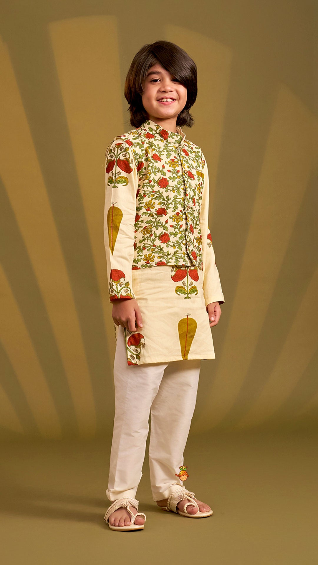 Pre Order: Floral Heritage Print Kurta And Jacket With Pyjama